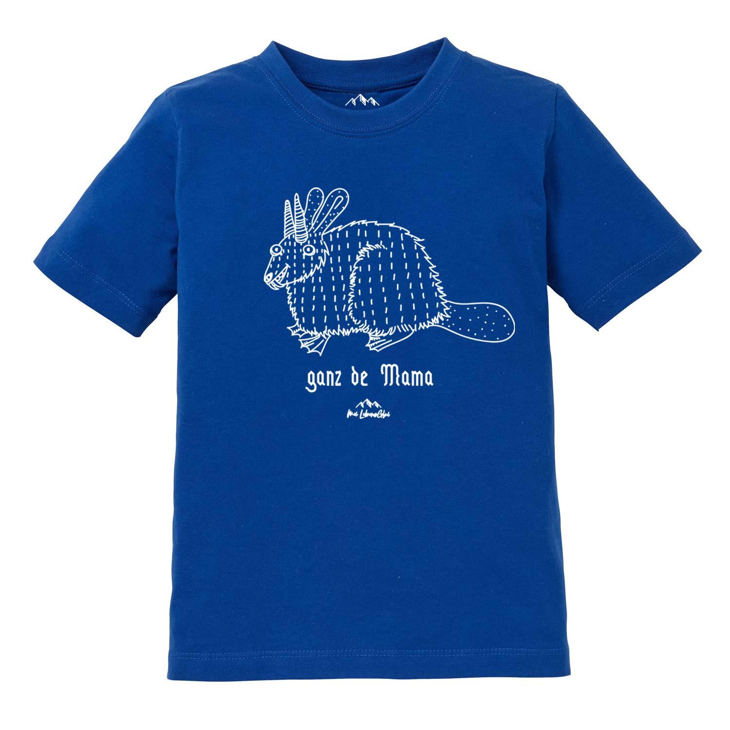 Blaues Kinder T-Shirt Wolpertinger Ganz de Mama mit weißem, verspieltem Wolpertinger-Print und aufgedrucktem Text.