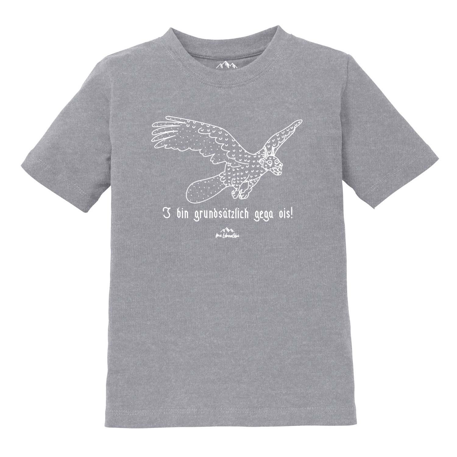Graues Kinder T-Shirt Wolpertinger "Gega ois" mit weißem fantasievollen Mischwesen Aufdruck und Schriftzug.