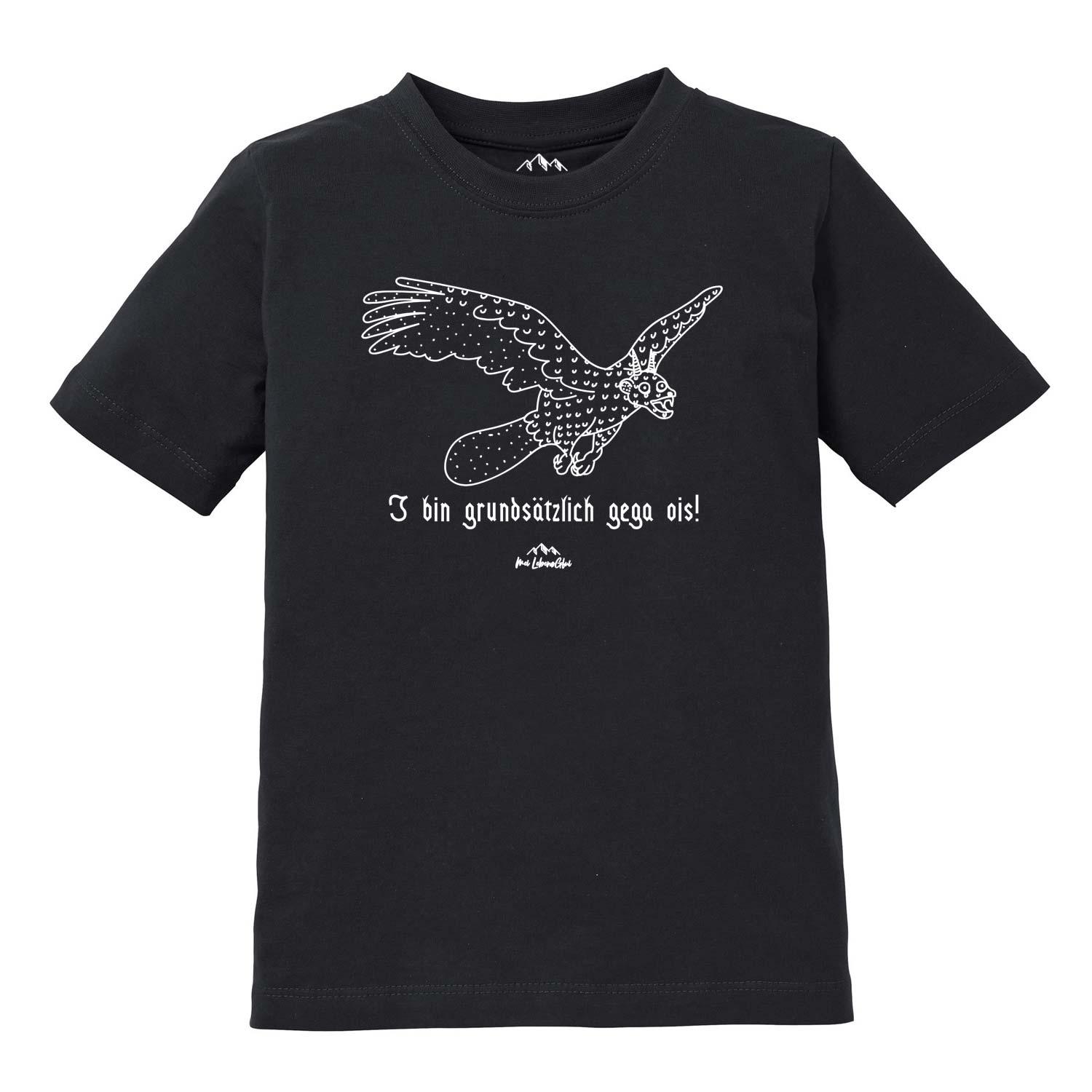 Schwarzes Kinder T-Shirt Wolpertinger Gega ois mit weißem Fabelwesen-Druck und bayerischem Spruch