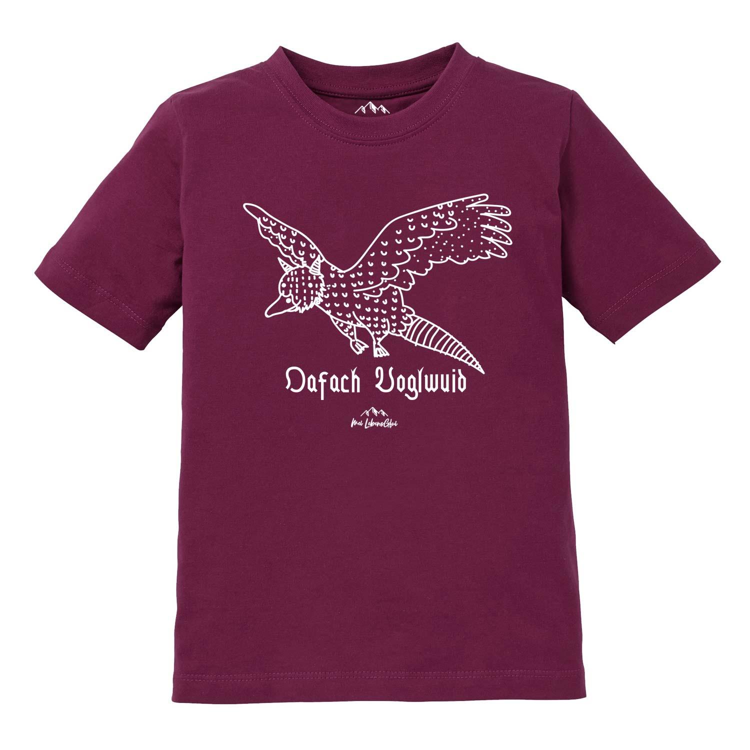 Dunkelrotes Kinder T-Shirt Wolpertinger Oafach Voglwuid mit weißem Wolpertinger-Print und Text.