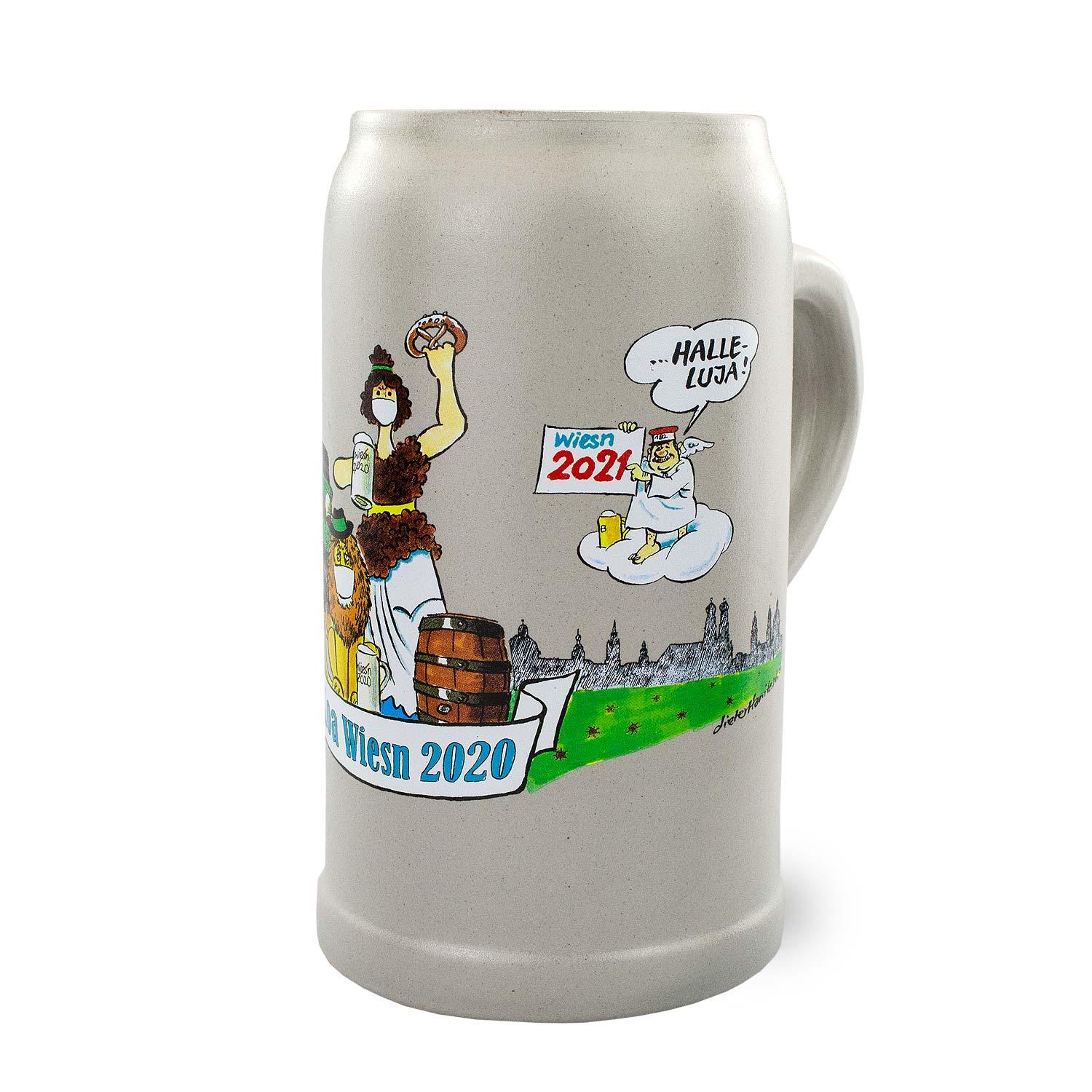 Koa Wiesnkrug 2020 aus Steingut mit lustiger Karikatur des abgesagten Oktoberfestes und Vorfreude 2021.
