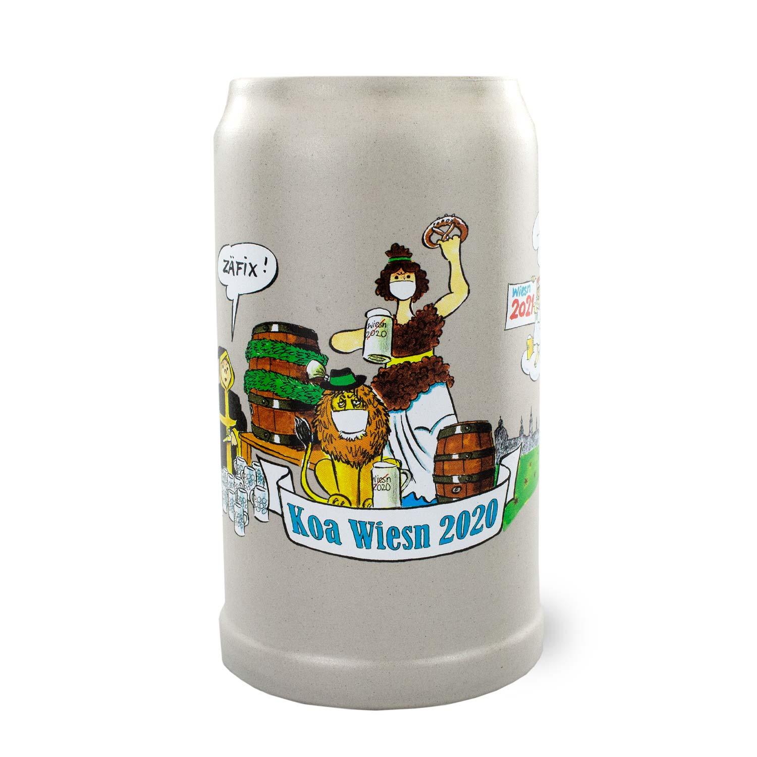 Koa Wiesnkrug 2020 aus Steingut mit humorvollem "Koana Wiesn"-Motiv und festlichen Figuren.
