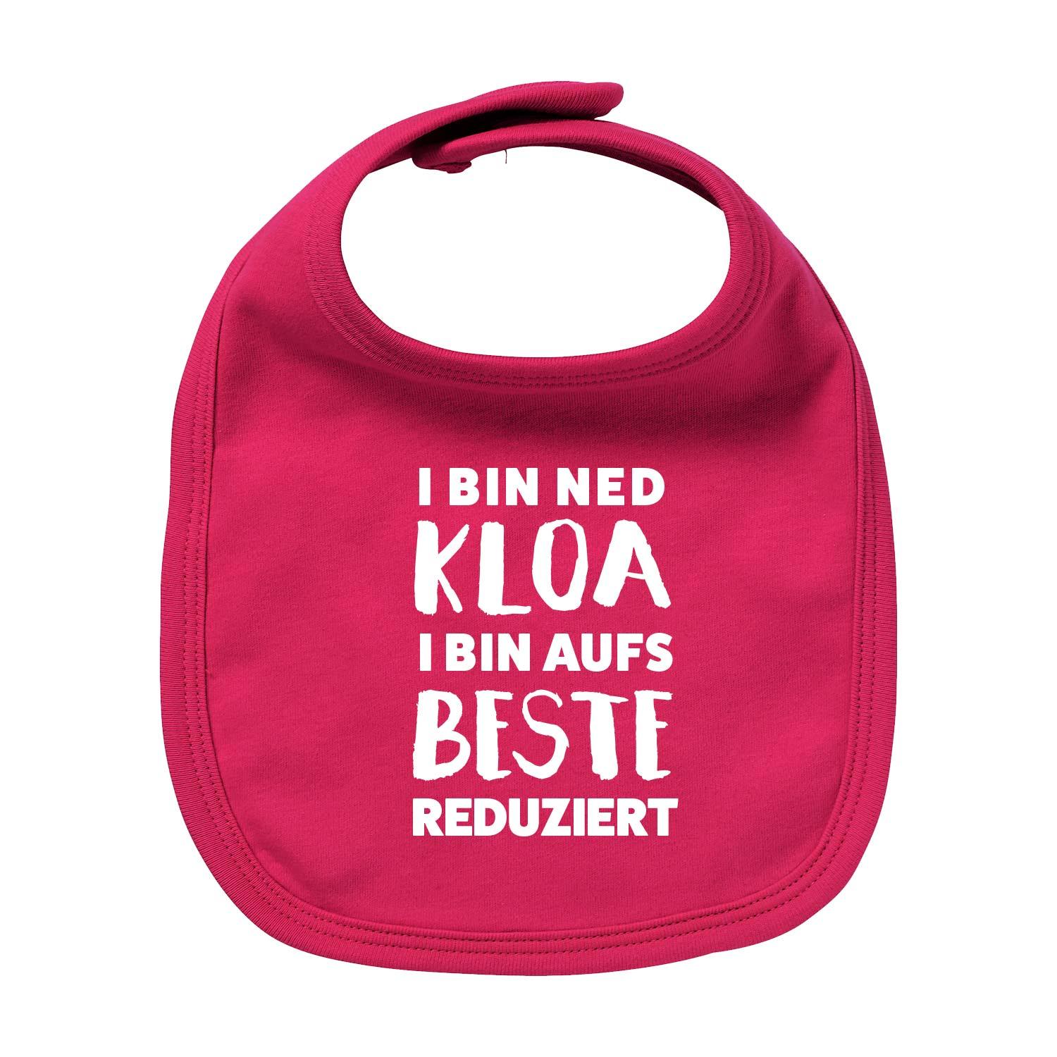 Pinkes Lätzchen 'aufs Beste reduziert' mit lustigem weißen Spruch für Babys und Kleinkinder.