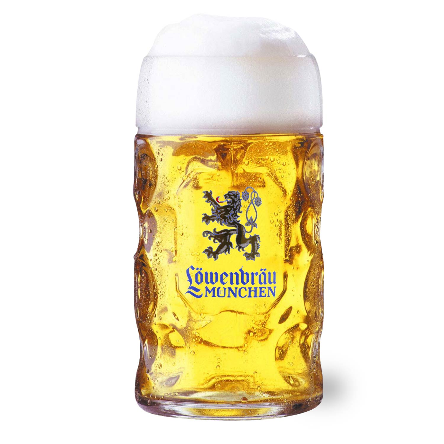 Gefüllter Löwenbräu Glas Masskrug mit hellem Bier und weißem Schaum, Logo auf der Vorderseite, Trinkgenuss.