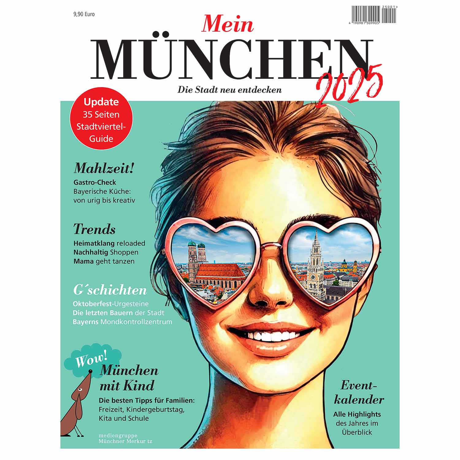 Titelbild Magazin Mein München 2025 mit lächelnder Frau und Münchner Wahrzeichen in Herz-Sonnenbrille
