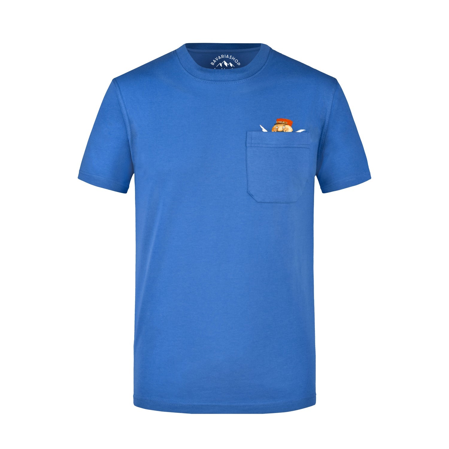 Blaues Engel Aloisius T-Shirt Und no a Maß mit Tasche; lustiger Engelkopf guckt aus Brusttasche hervor.