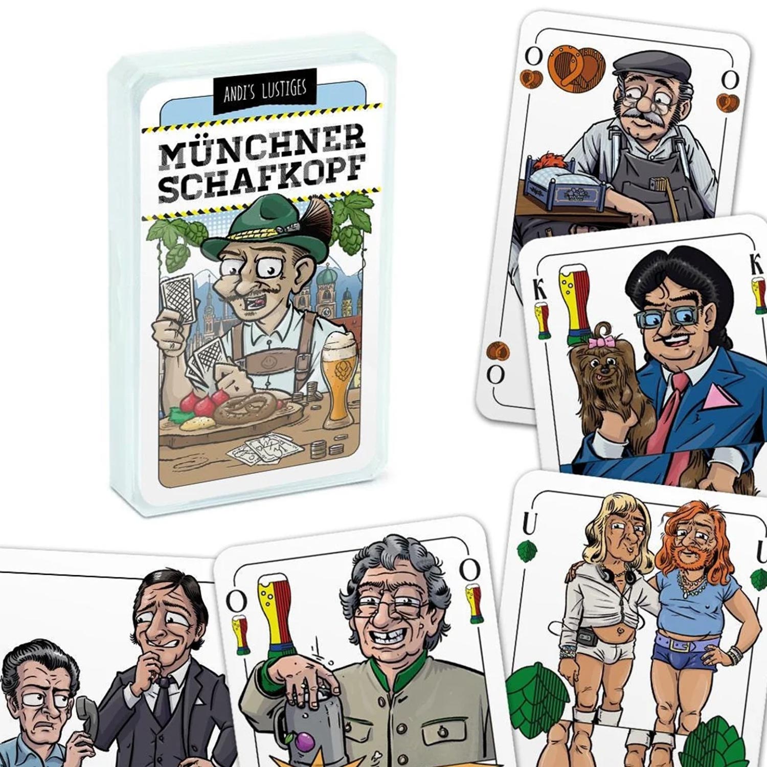 Münchner Schafkopf Karten Packung mit lustigen Charaktere wie bayerischen Figuren und Brauerei Motiven.