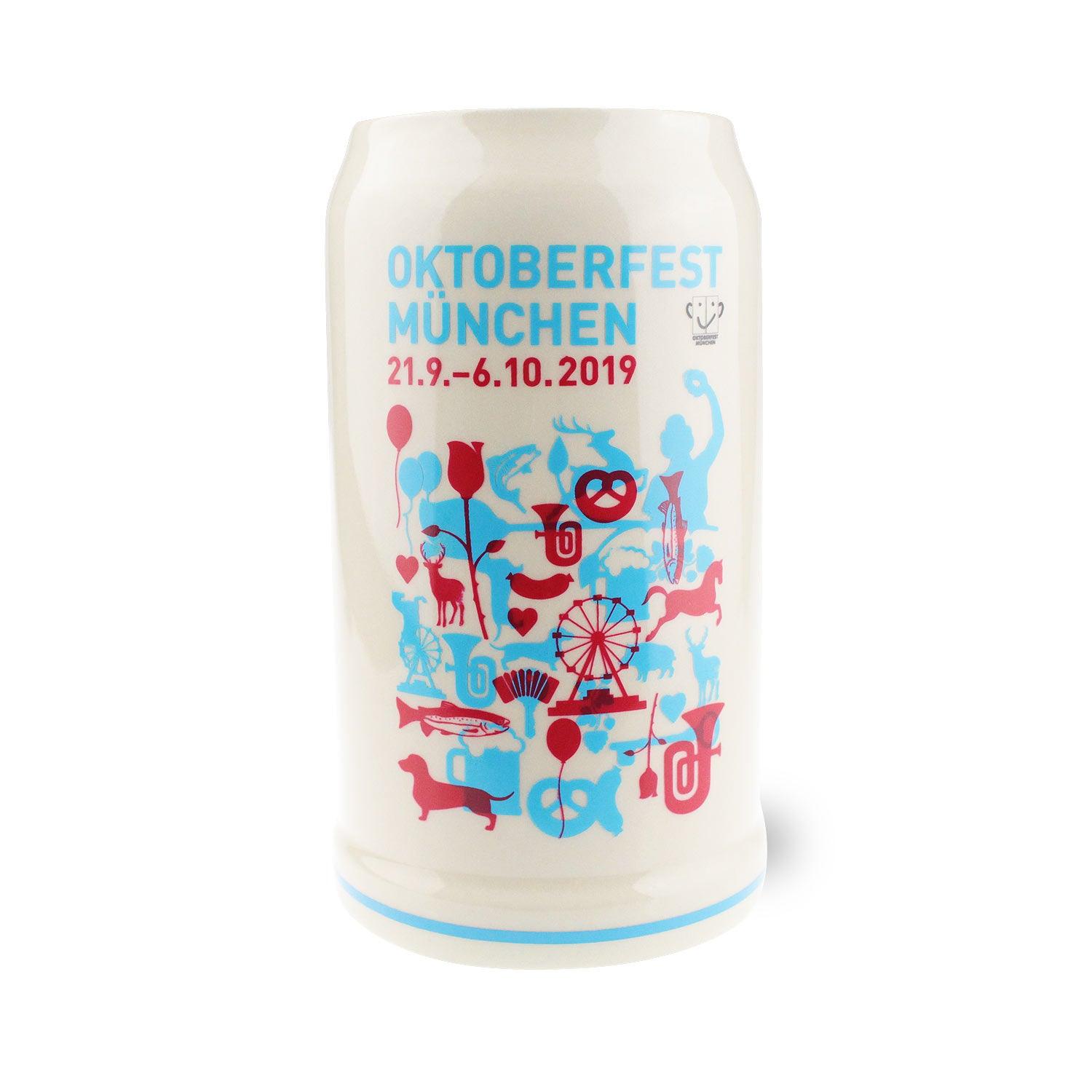 Offizieller Oktoberfestkrug 2019 aus Keramik mit farbenfrohen München-Motiven und Datumsangabe, Sammlerstück.