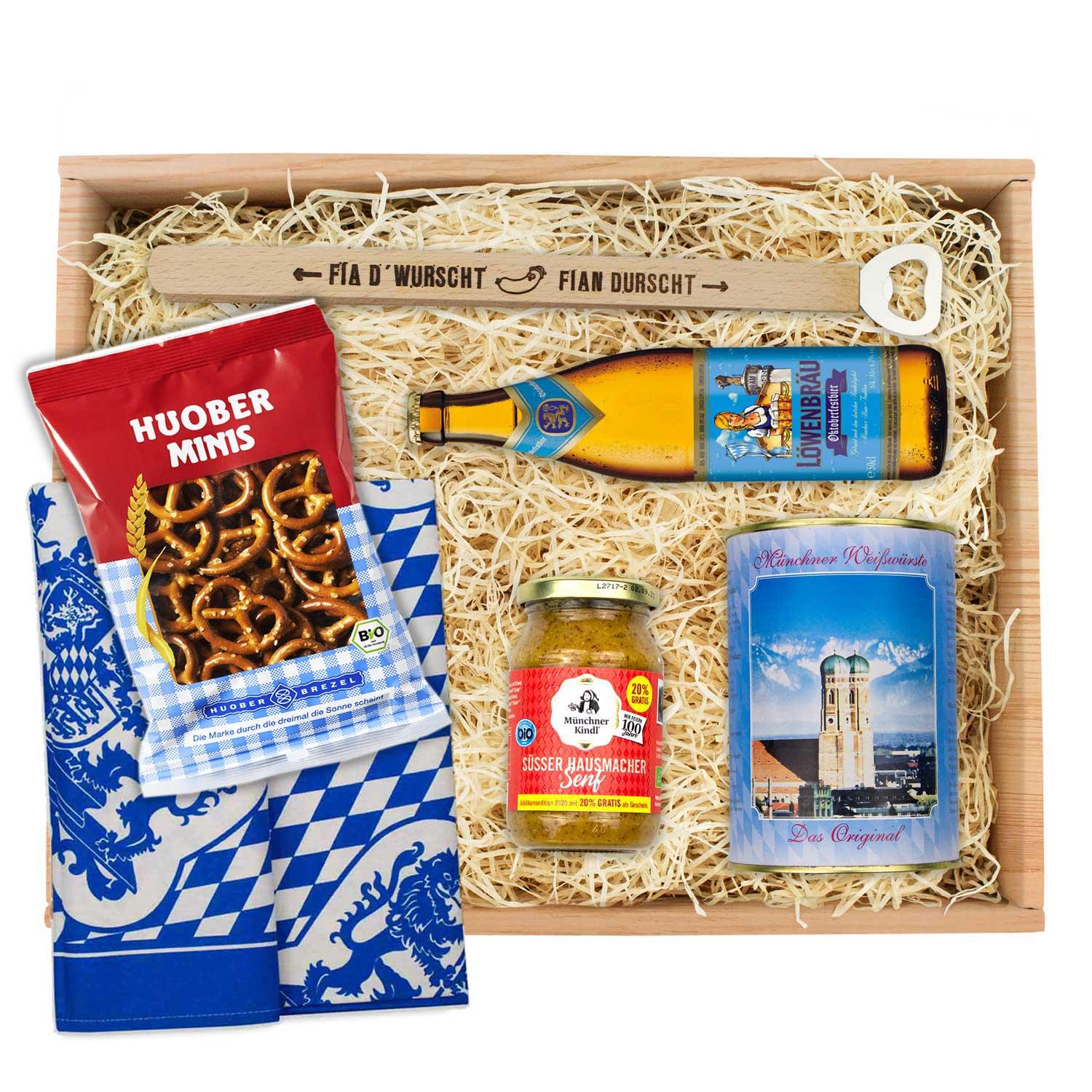 Holzbox mit Oktoberfest-Box "Weißwurschtfrühstück": Weißwürste, Senf, Bier, Brezeln und bayerisches Geschirrtuch.