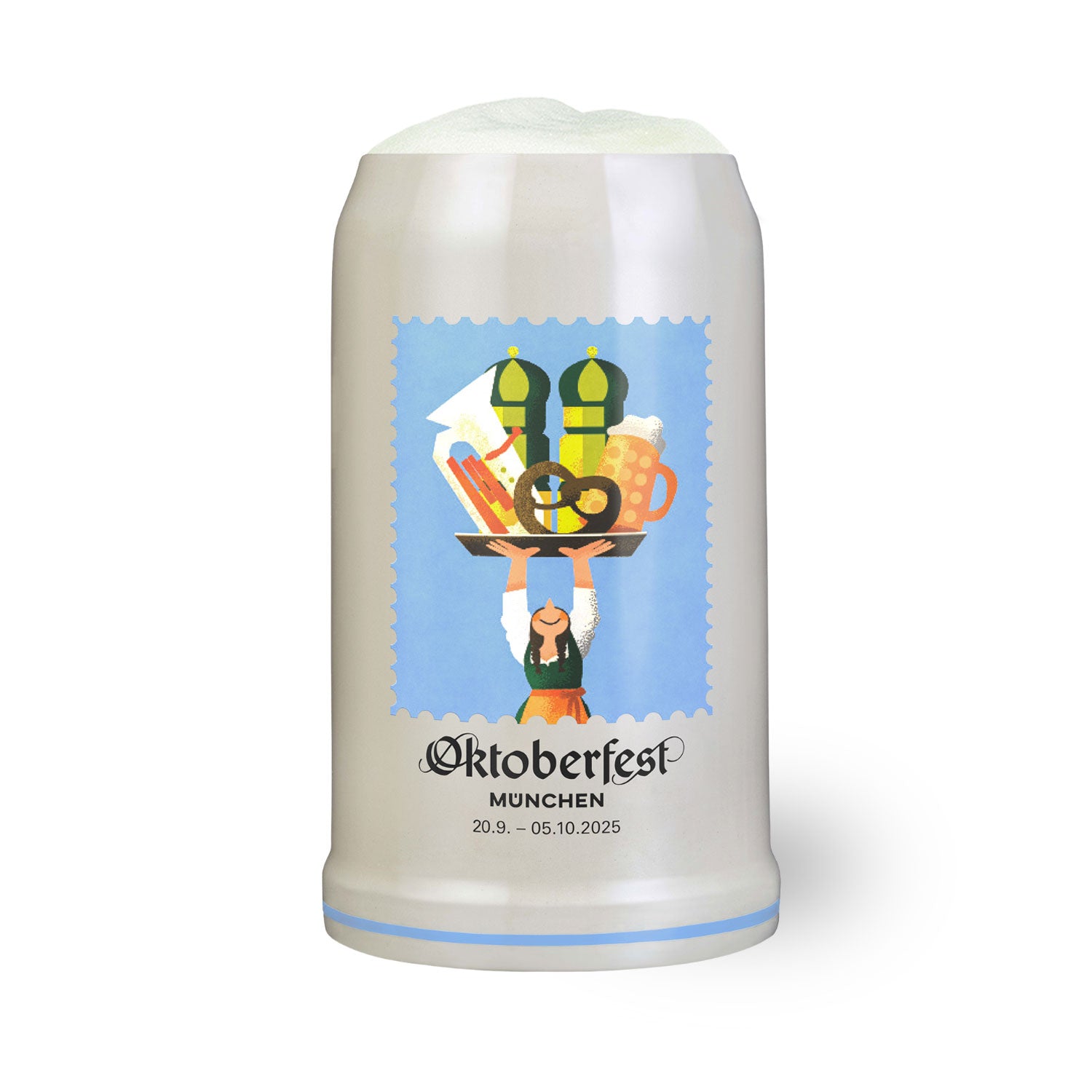 Oktoberfest-Box Offizieller Wiesnkrug mit farbigem Motiv einer Kellnerin, die Bier und Brezeln serviert.