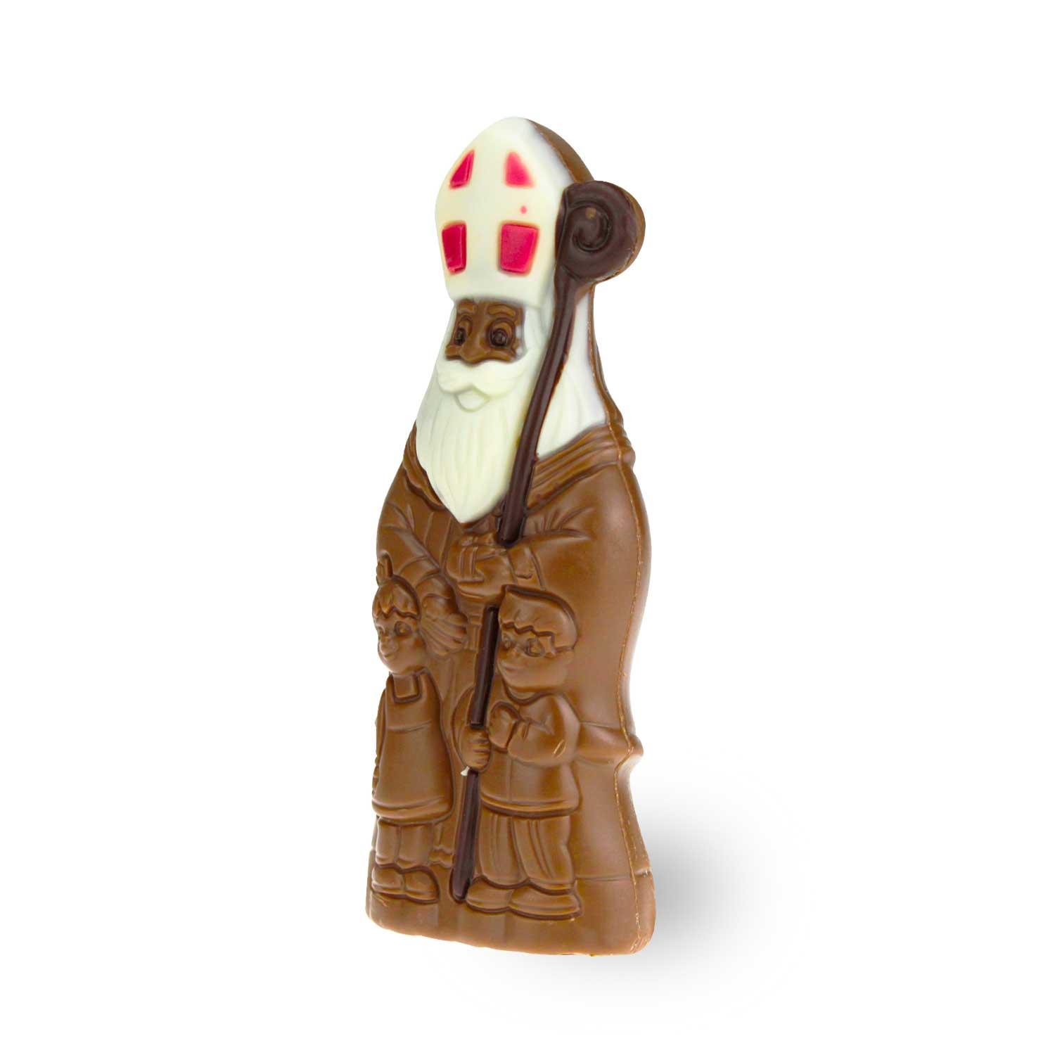 Original Nikolaus aus Schokolade, detaillierte braune Figur mit weißem Bart und roter Mitra, hält Hirtenstab.