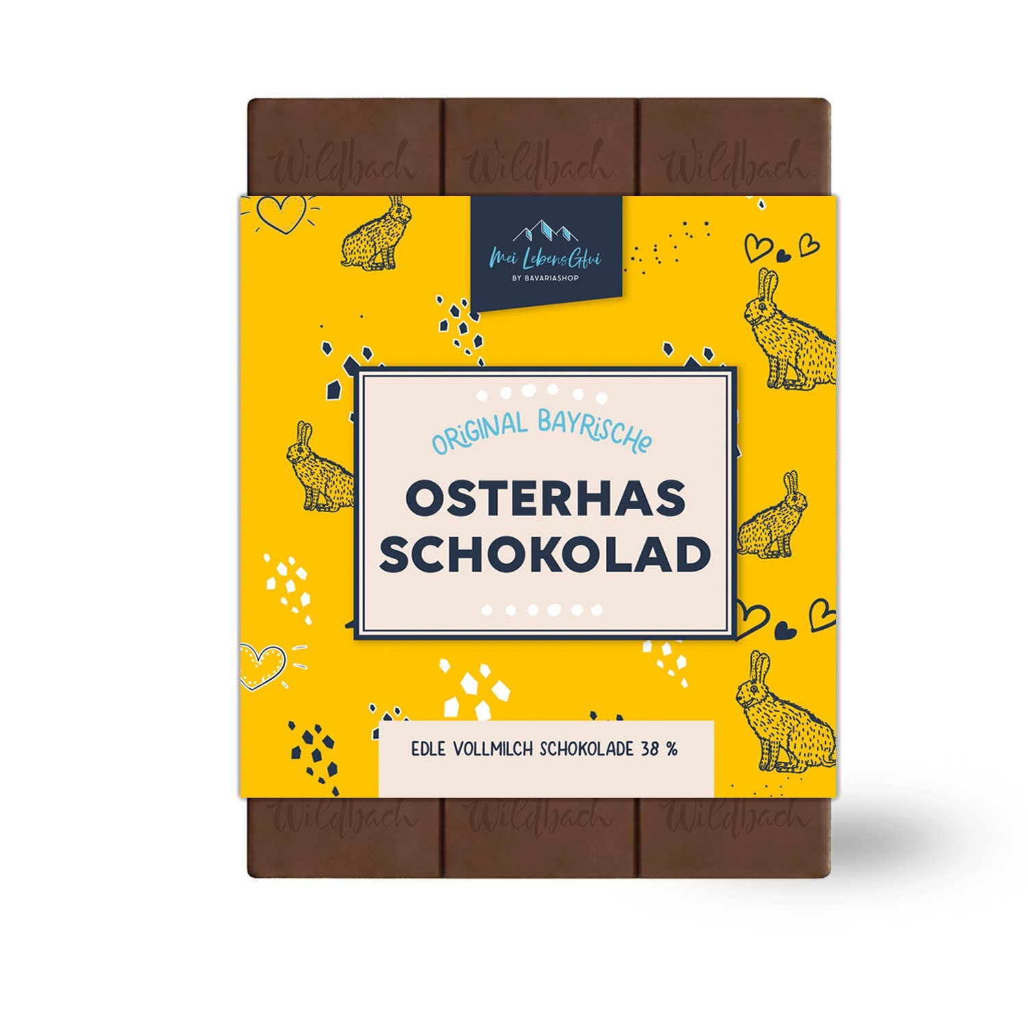 Geschenkbox Frohe Ostern mit Original Bayrische Osterhas Schokolade, edle Vollmilchschokolade 38%