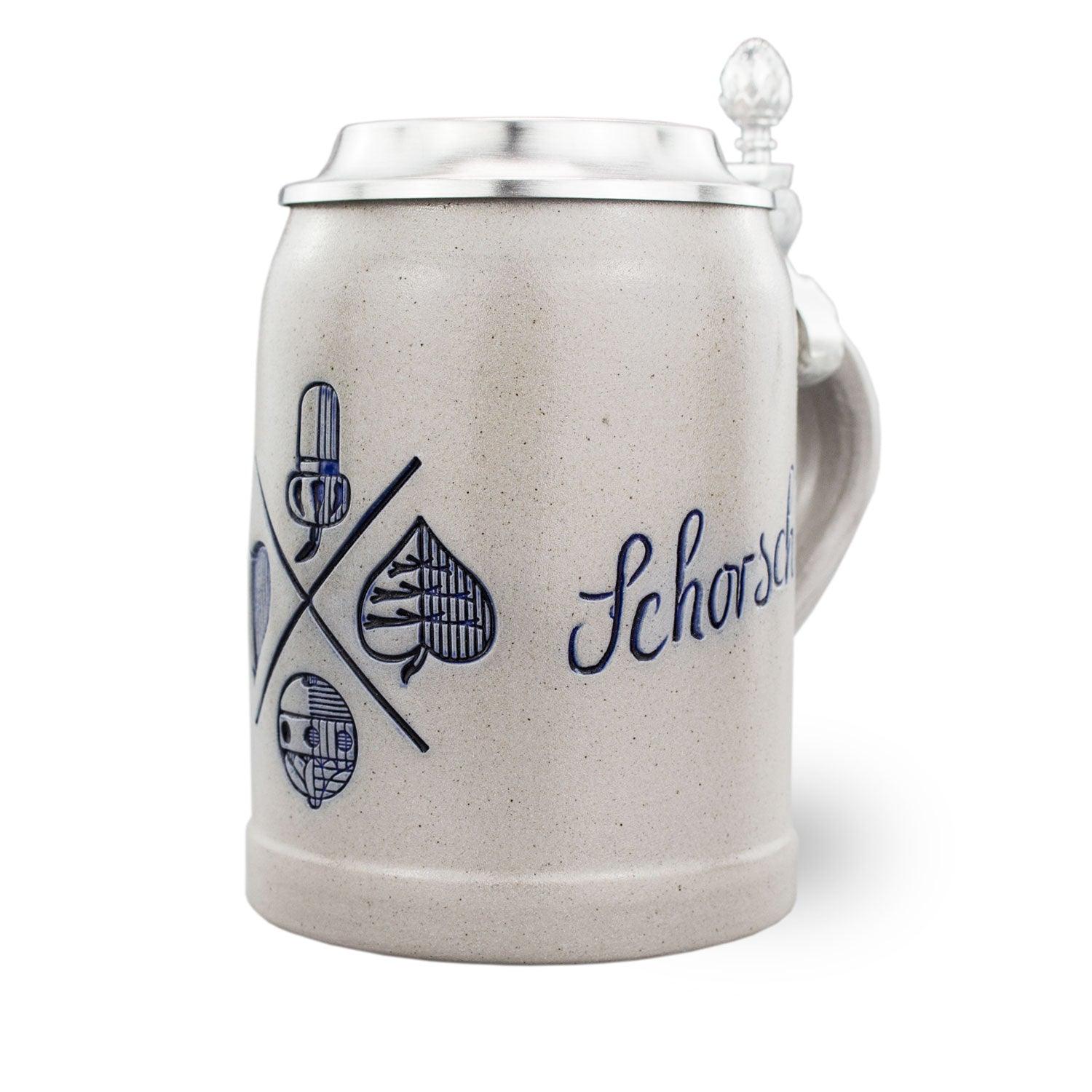PREMIUM Bierkrug Bayrisch Blatt, graues Steinzeug, blaues Blattmuster und Schorsch Aufschrift, Zinndeckel detailreich