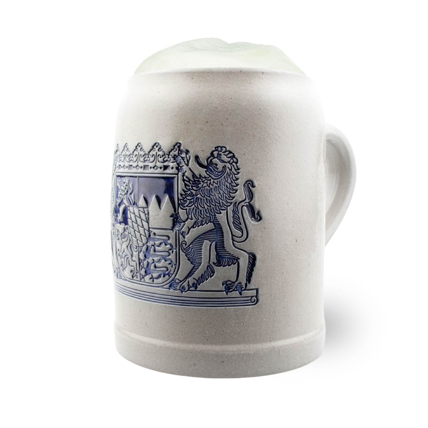 PREMIUM Bierkrug Freistaat Bayern, Steinkrug mit blauem bayerischem Wappen und weißem Bierschaum