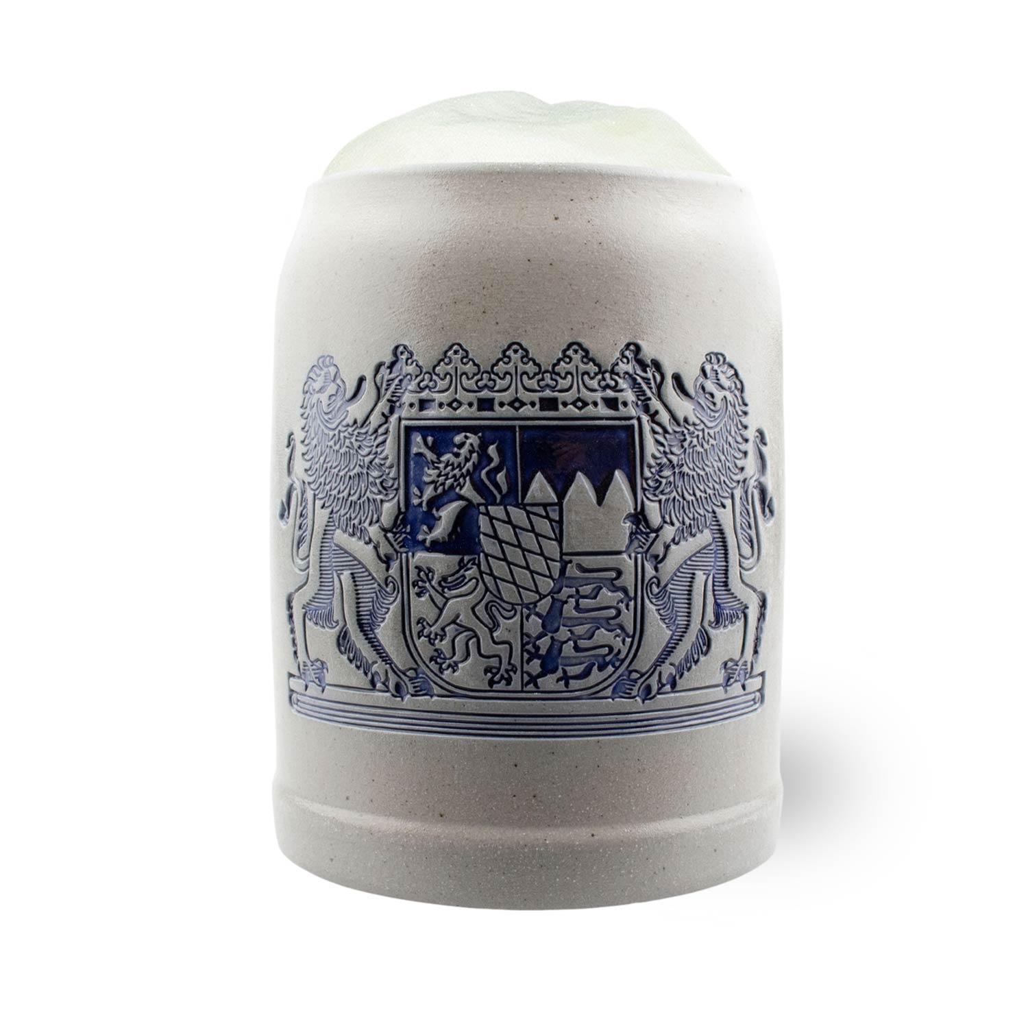 PREMIUM Bierkrug Freistaat Bayern, Steingut mit blauem Wappen, bayerisches Motiv, schaumiges Bier