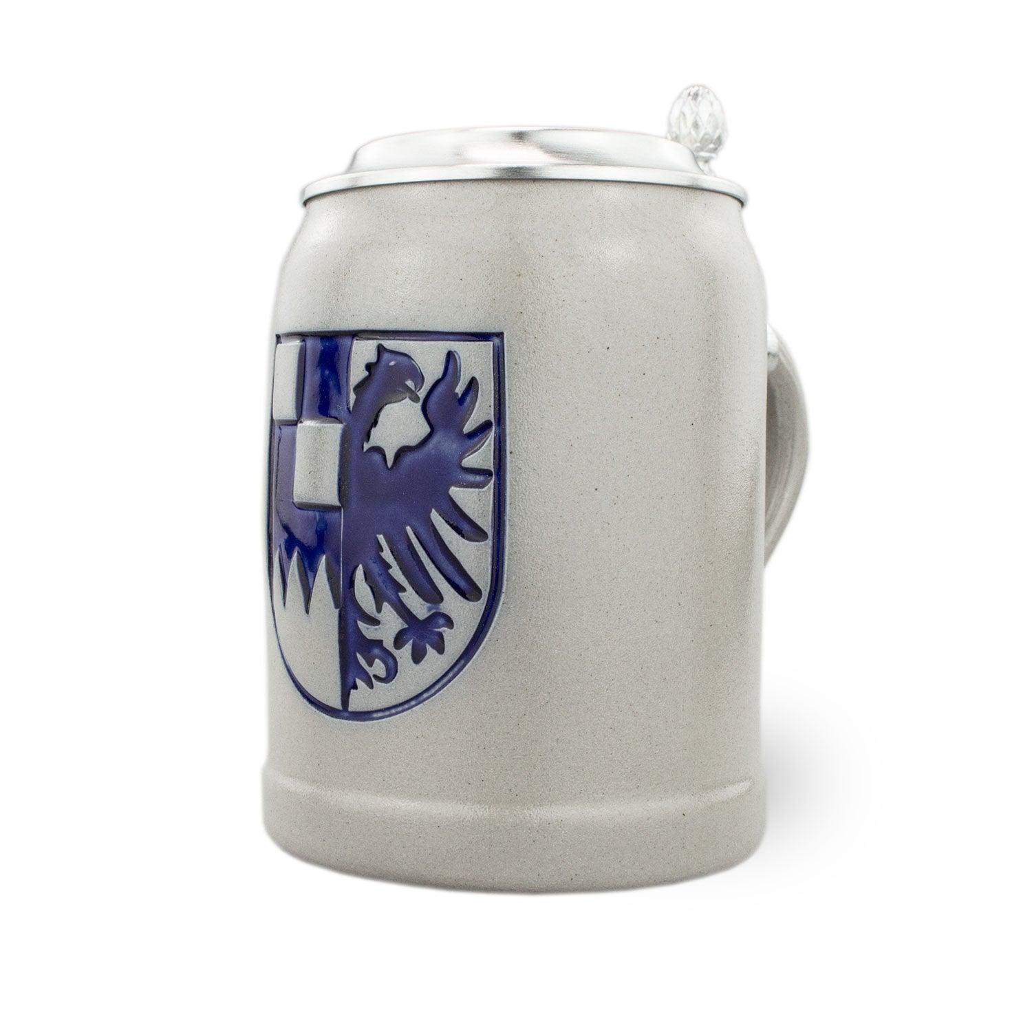 PREMIUM Bierkrug Mittelfranken, grau-blauer Steinkrug mit Wappen und Zinndeckel, 0,5 Liter Maßkrug Handarbeit.
