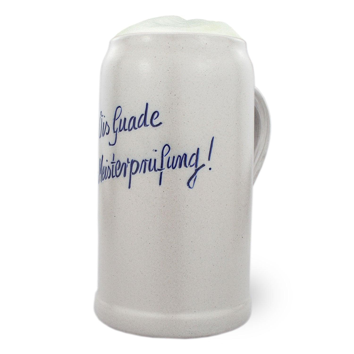 PREMIUM Bierkrug Steinkrug mit Schaum und Aufschrift Gutes Gelingen zur Meisterprüfung in Blau.