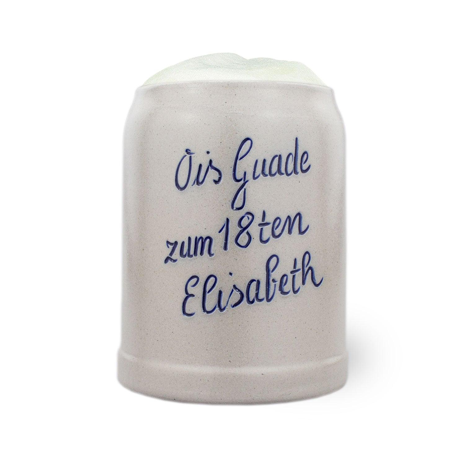 PREMIUM Steinkrug Bierkrug mit blauer Aufschrift "ois Guade zum 18ten Elisabeth" und Schaumkrone