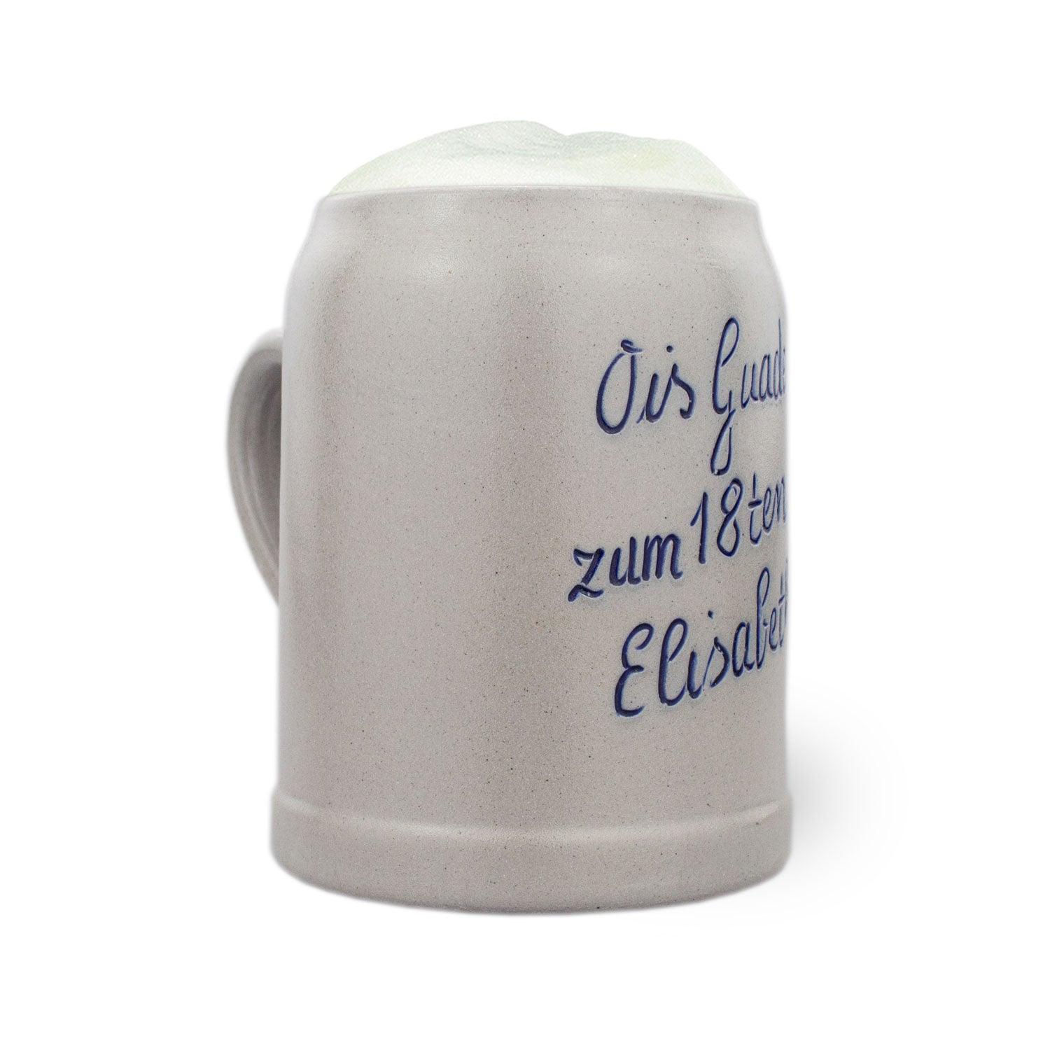 PREMIUM Steinkrug mit Henkel und blauer Aufschrift "ois Guade zum 18ten Elisabeth" für Bier