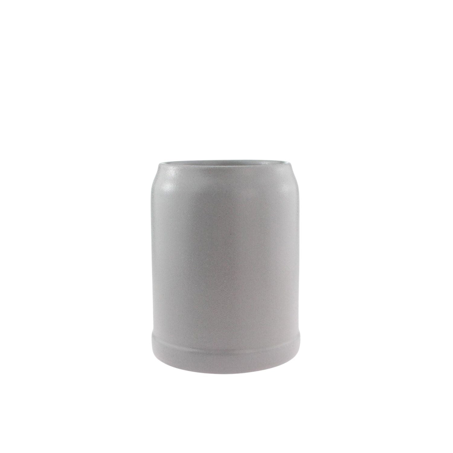 Eleganter grauer Steinkrug ohne Henkel für personalisierte Gravur, isolierend und robust, ideal für Bier.
