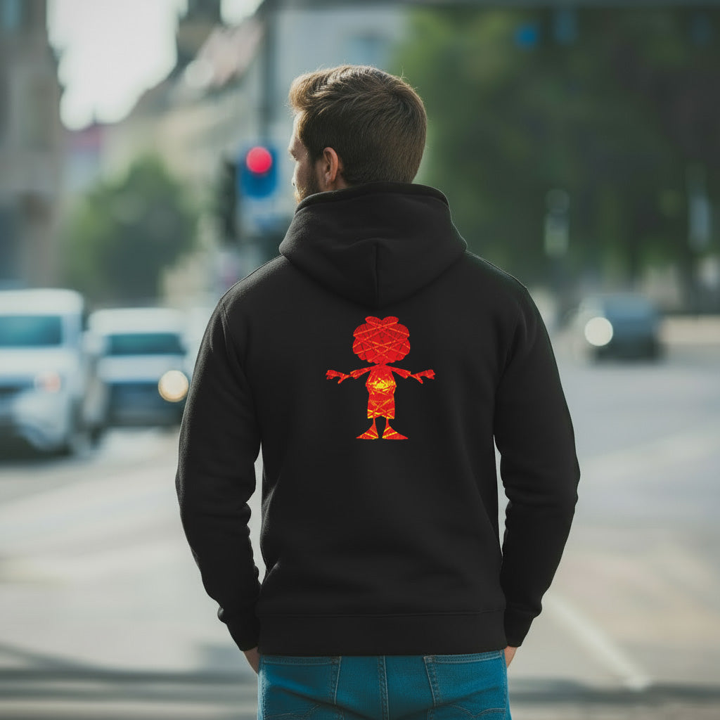 Herren Hoodie Ampel-Edition schwarz mit rotem Pumuckl-Motiv auf dem Rücken, Ampel im Hintergrund