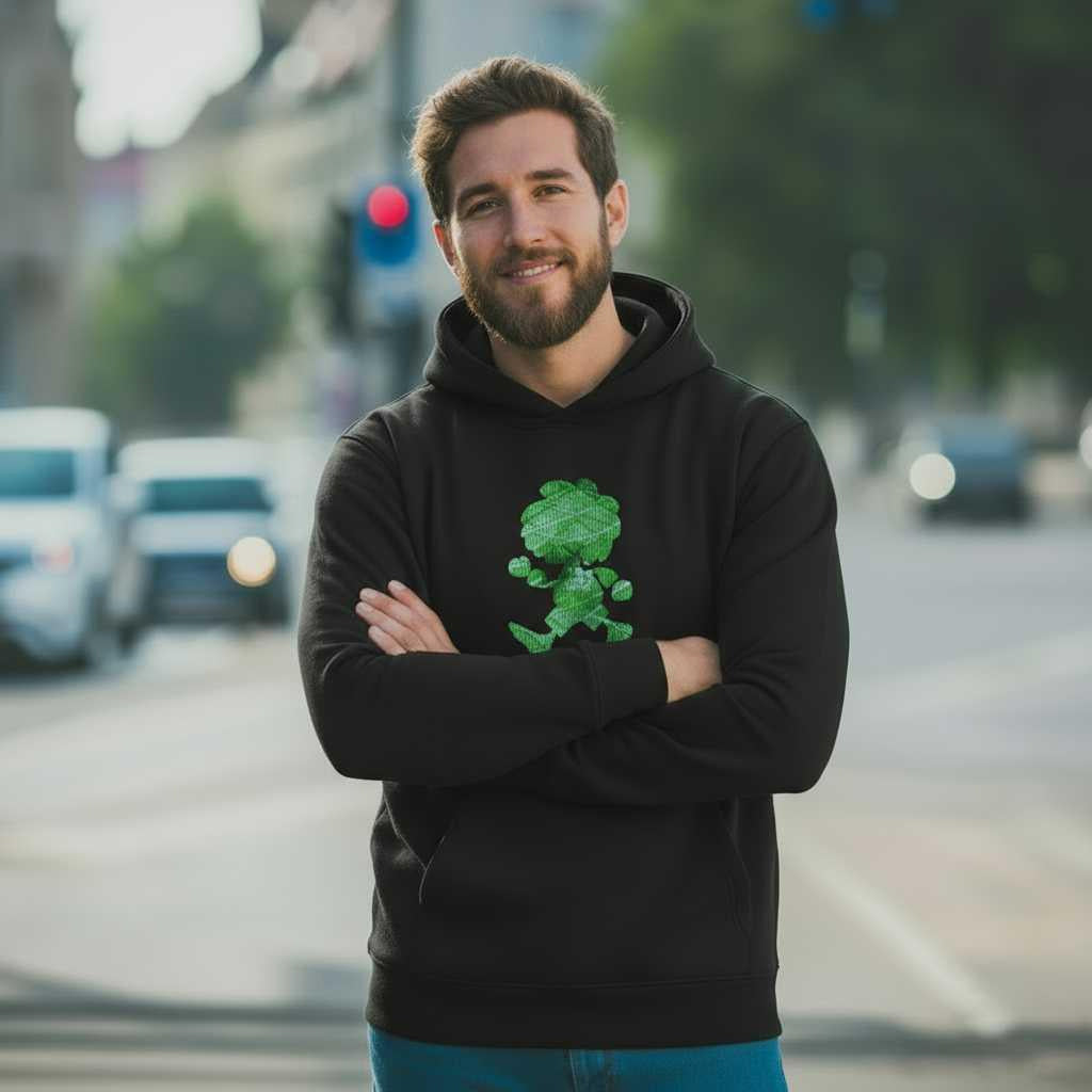 Lachender Mann trägt schwarzen ®Pumuckl Herren Hoodie Ampel-Edition mit grünem Motiv auf der Straße.