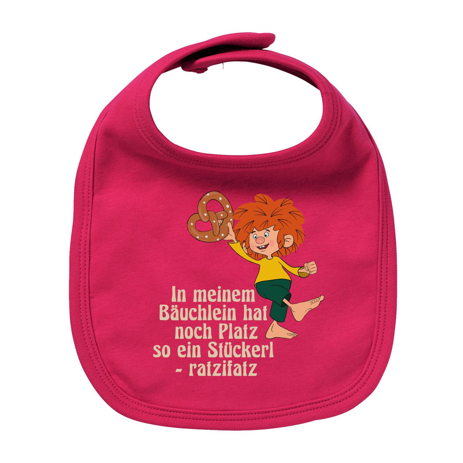 Rosa Pumuckl Lätzchen "Brezn Stückerl" mit lachendem Pumuckl, der eine Brezel hält und Spruch.