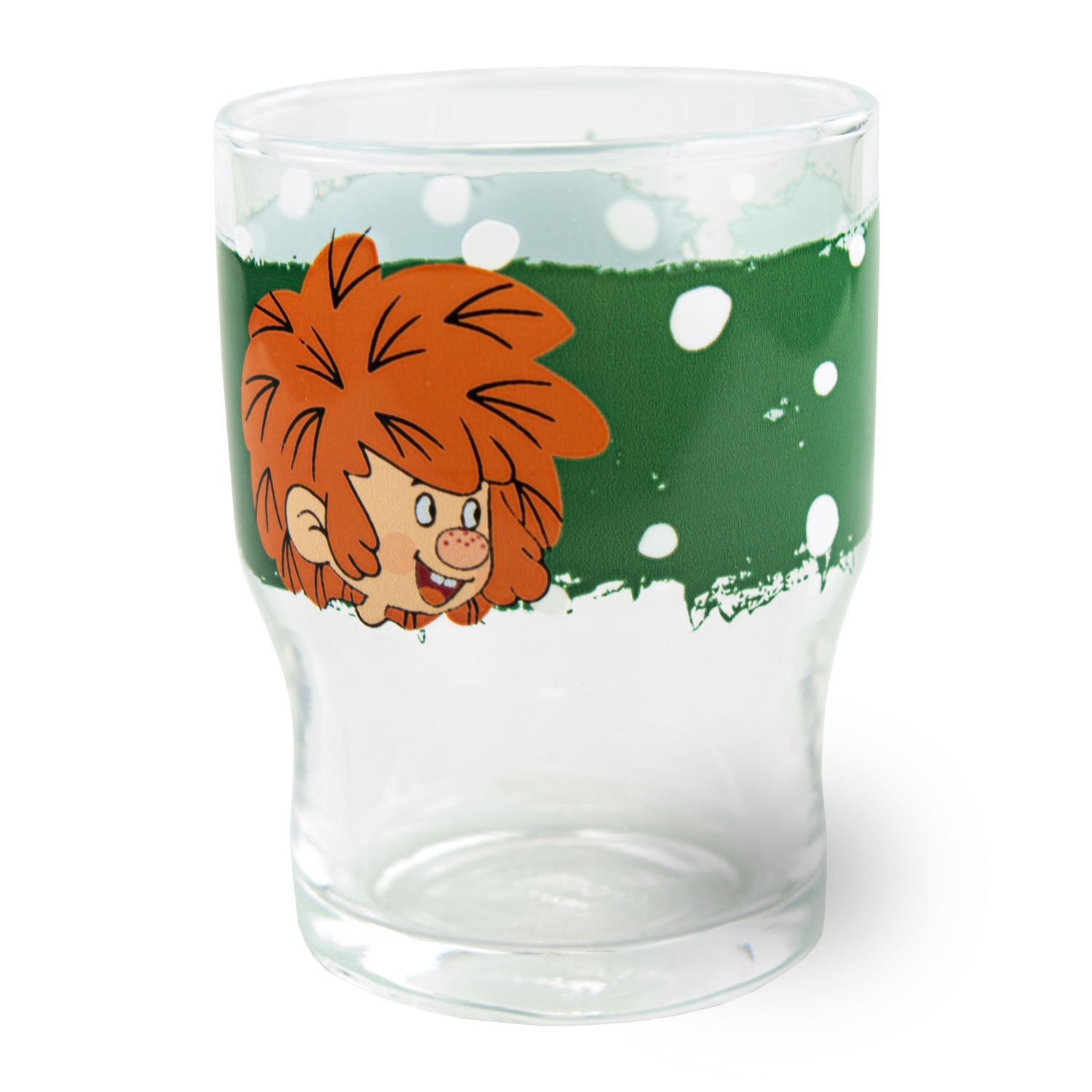 Pumuckl Kinder Trinkglasset, klares Glas mit lustigem Pumuckl-Motiv auf grünem Untergrund, ideal für Kinder