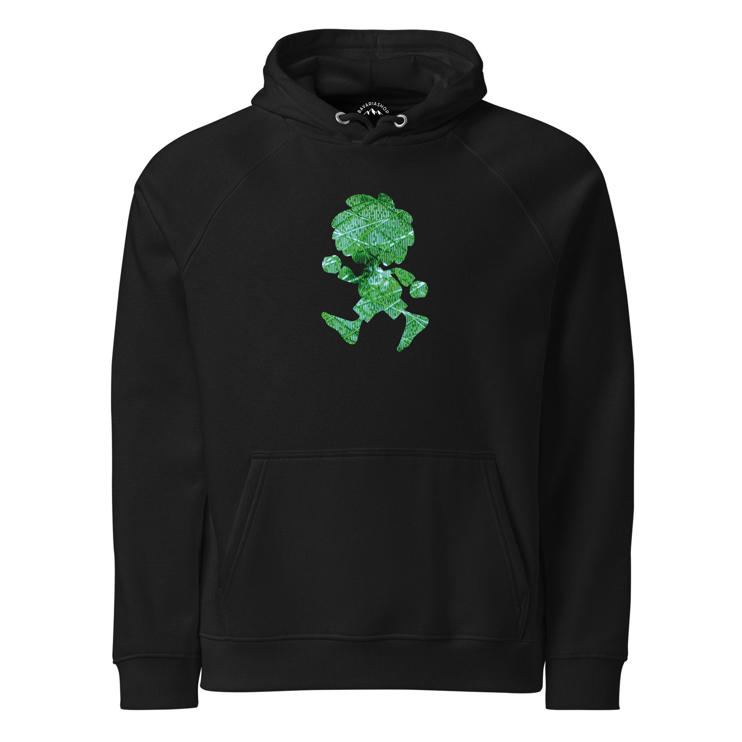 Schwarzer Pumuckl Herren Hoodie "Ampel-Edition" mit grünem, gemustertem Pumuckl-Motiv auf der Brust.