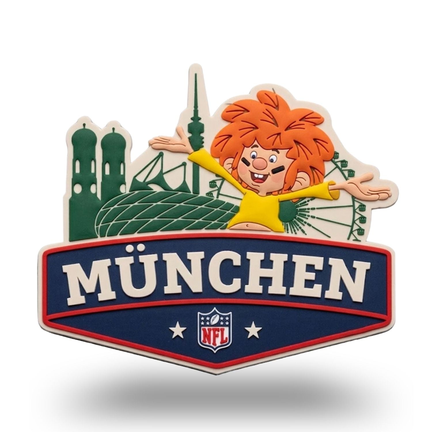 Pumuckl Motiv Kühlschrankmagnet München mit NFL Logo, Frauenkirche, Riesenrad und Olympiaturm.