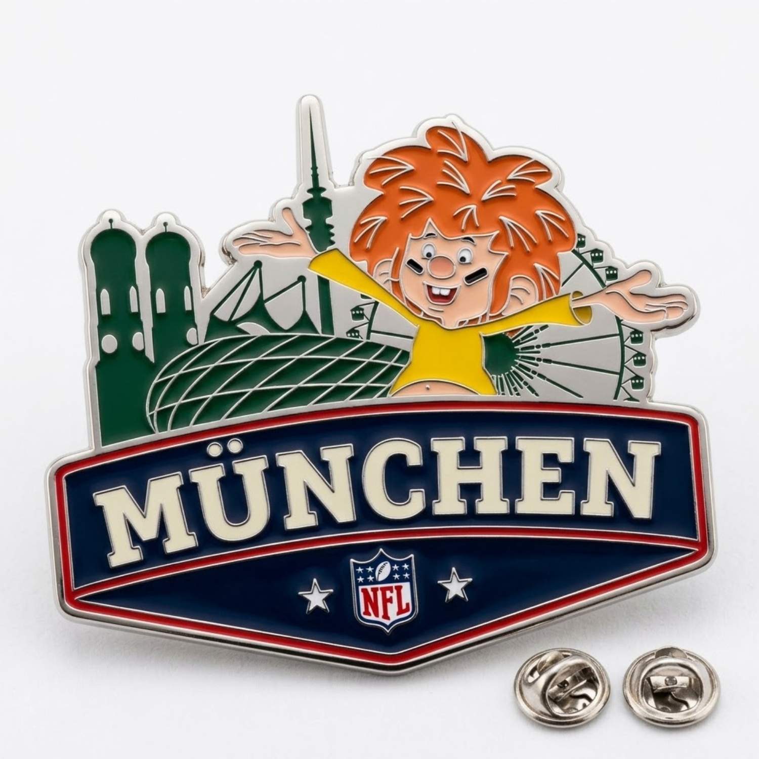 NFL x Pumuckl Pin München, mit Pinback, zeigt Pumuckl vor Münchner Sehenswürdigkeiten wie Allianz Arena