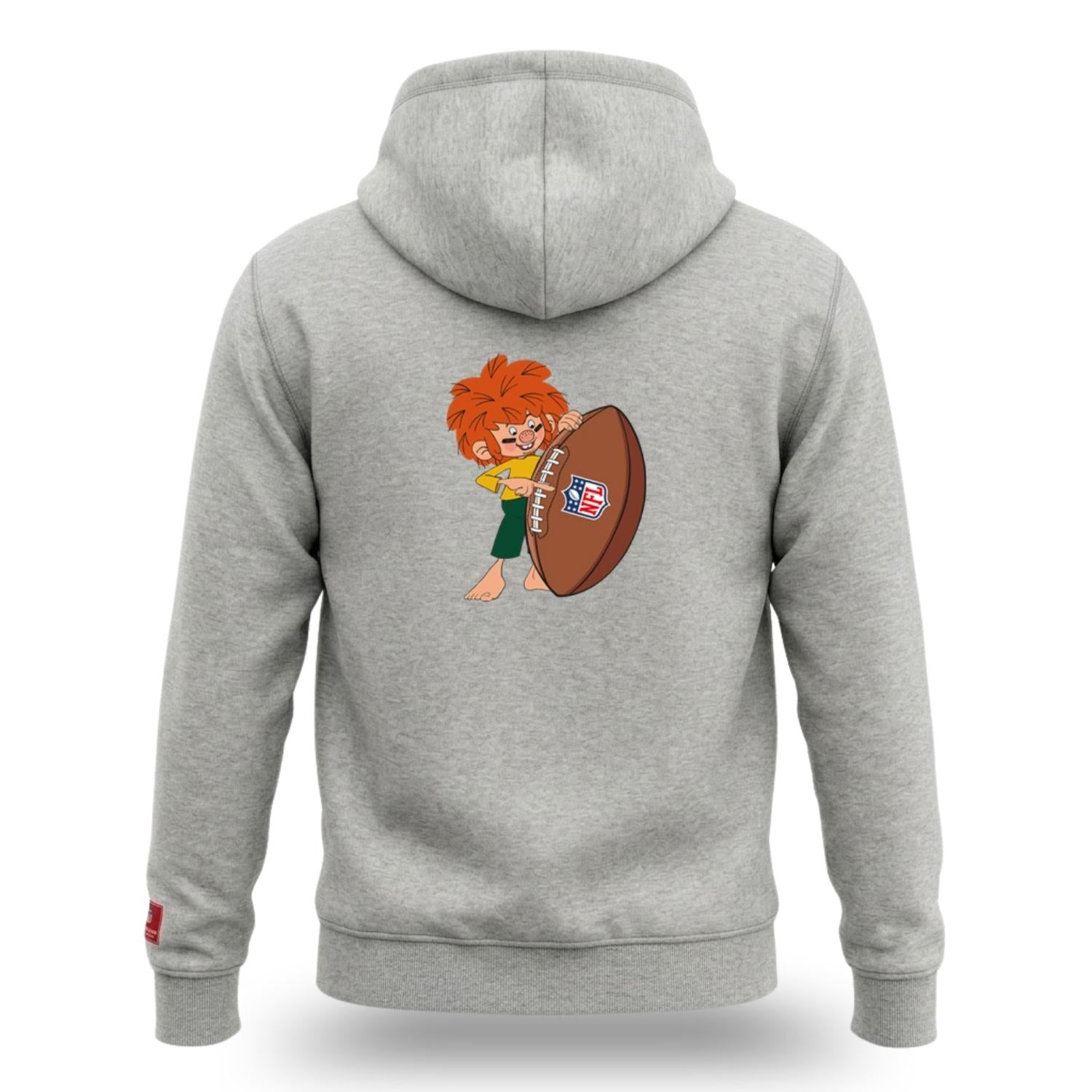 Grauer NFL x Pumuckl Hoodie, Rückenansicht, mit Pumuckl der einen Football hält