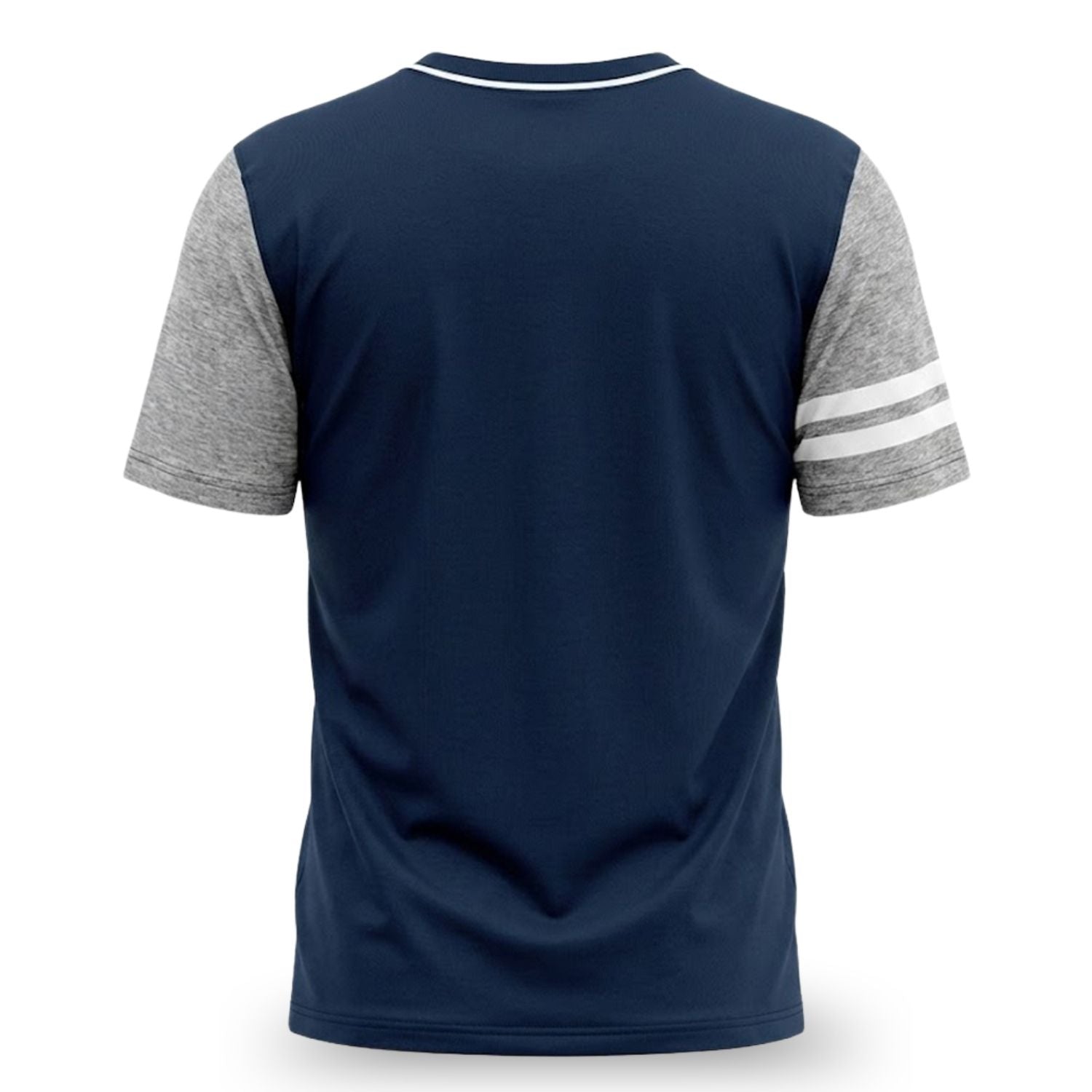 Rückseite eines dunkelblauen T-Shirts mit grauen Ärmeln und zwei weißen Streifen auf dem rechten Ärmel.