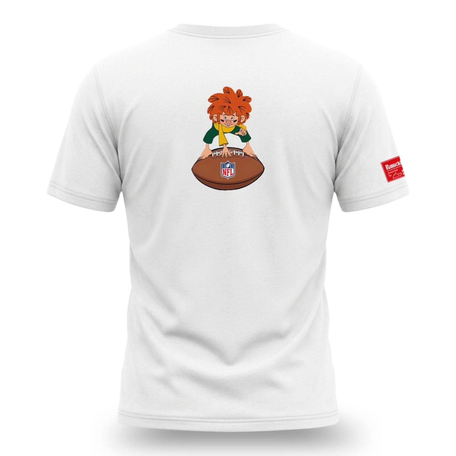 Weißes Pumuckl T-Shirt mit rotem Haar, gelbem Schal, der auf einem NFL Football sitzt