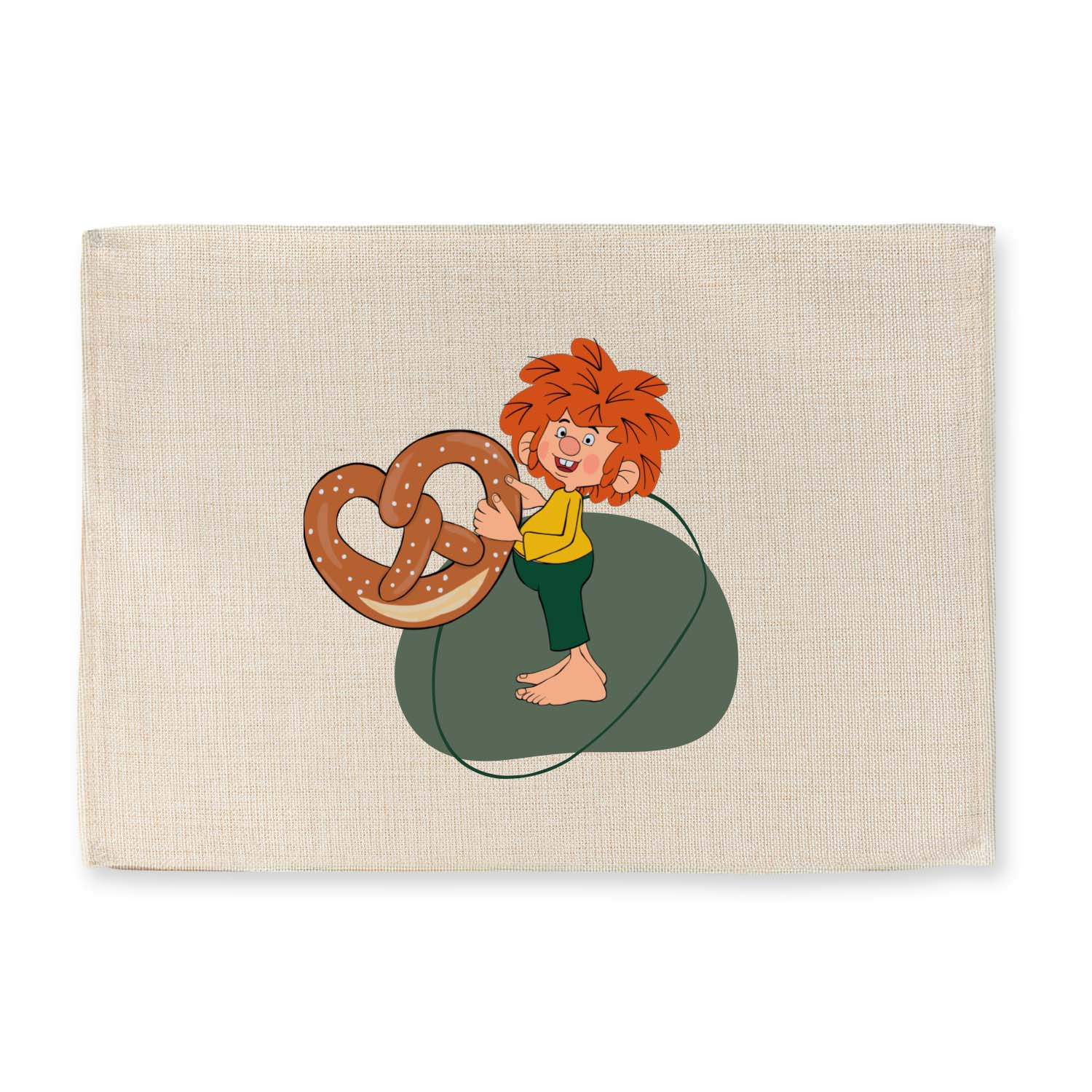 Pumuckl Tischset Breze in Beige mit lustigem Pumuckl, der eine große Brezel hält, abwaschbar.