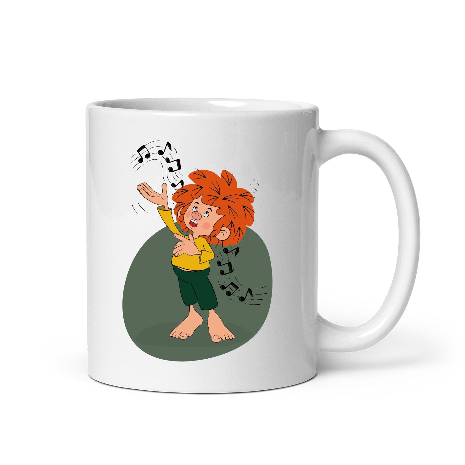 Weiße Keramik-Pumuckl Tasse Musik mit freudigem Pumuckl, der Noten um sich tanzen lässt, ein beliebtes Fan-Produkt.