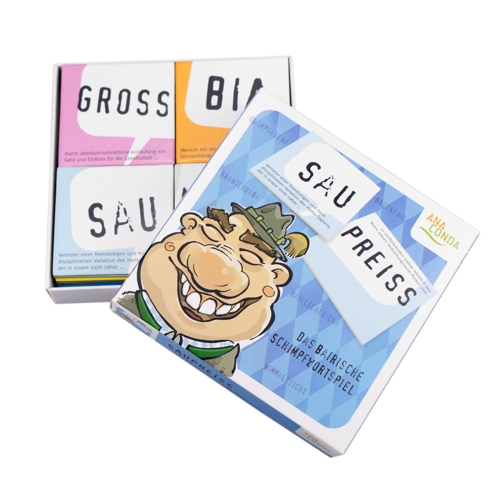 Bayerisches Schimpfwortspiel "Saupreiss", ein lustiges Kartenspiel mit bayrischen Begriffen und Definitionen.