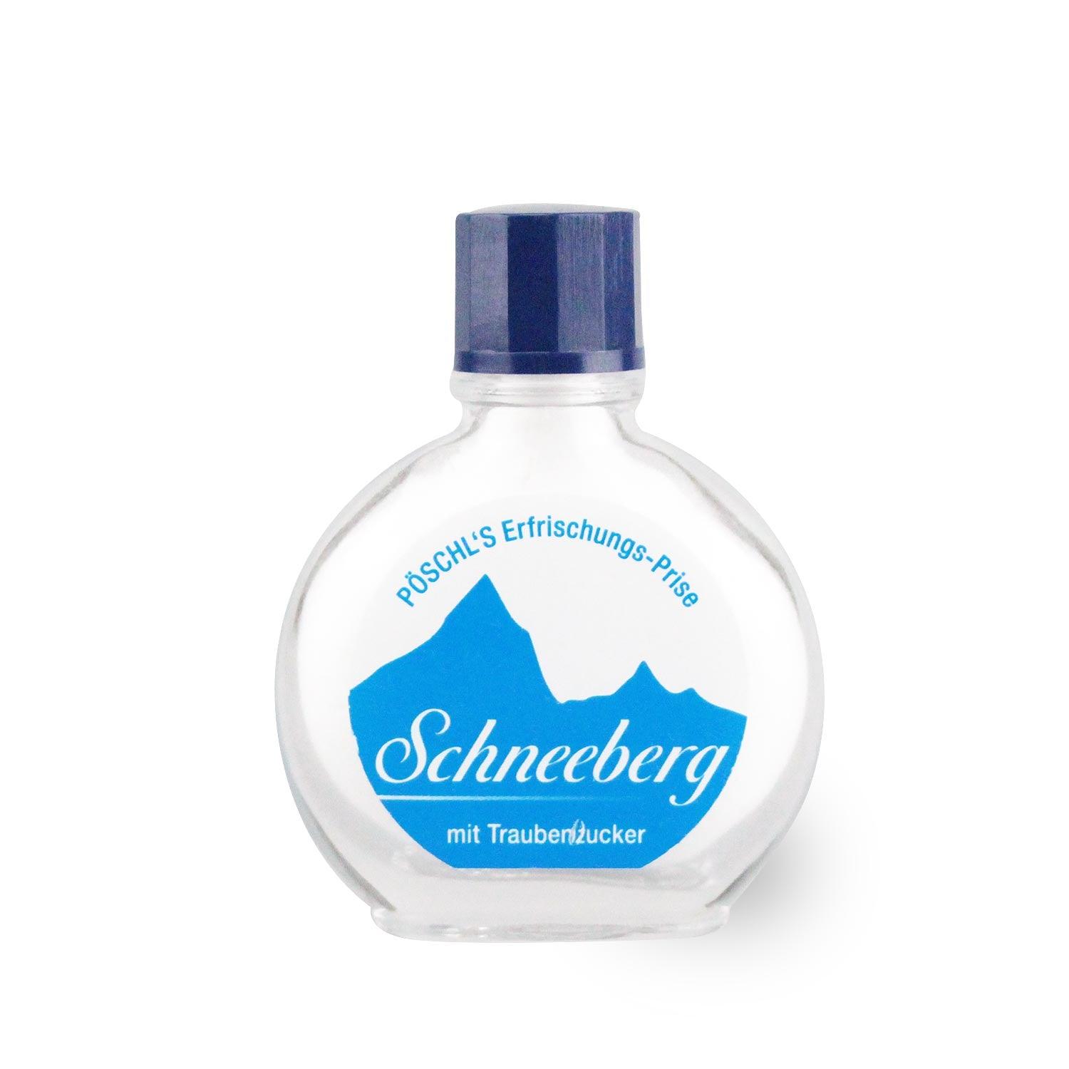 Kleine durchsichtige Pöschl's Schneeberg Schnupftabak Flasche mit blauem Etikett und blauer Kappe, 6,5g für das Oktoberfest.