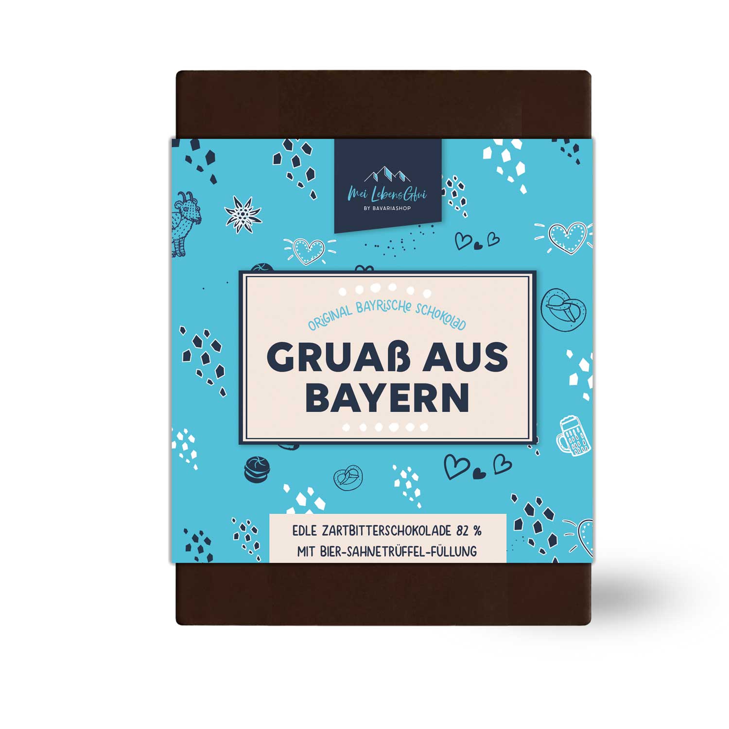 Schokolad Gruaß aus Bayern, edle Zartbitterschokolade 82% mit Bier-Sahnetrüffel-Füllung in blauer Verpackung.