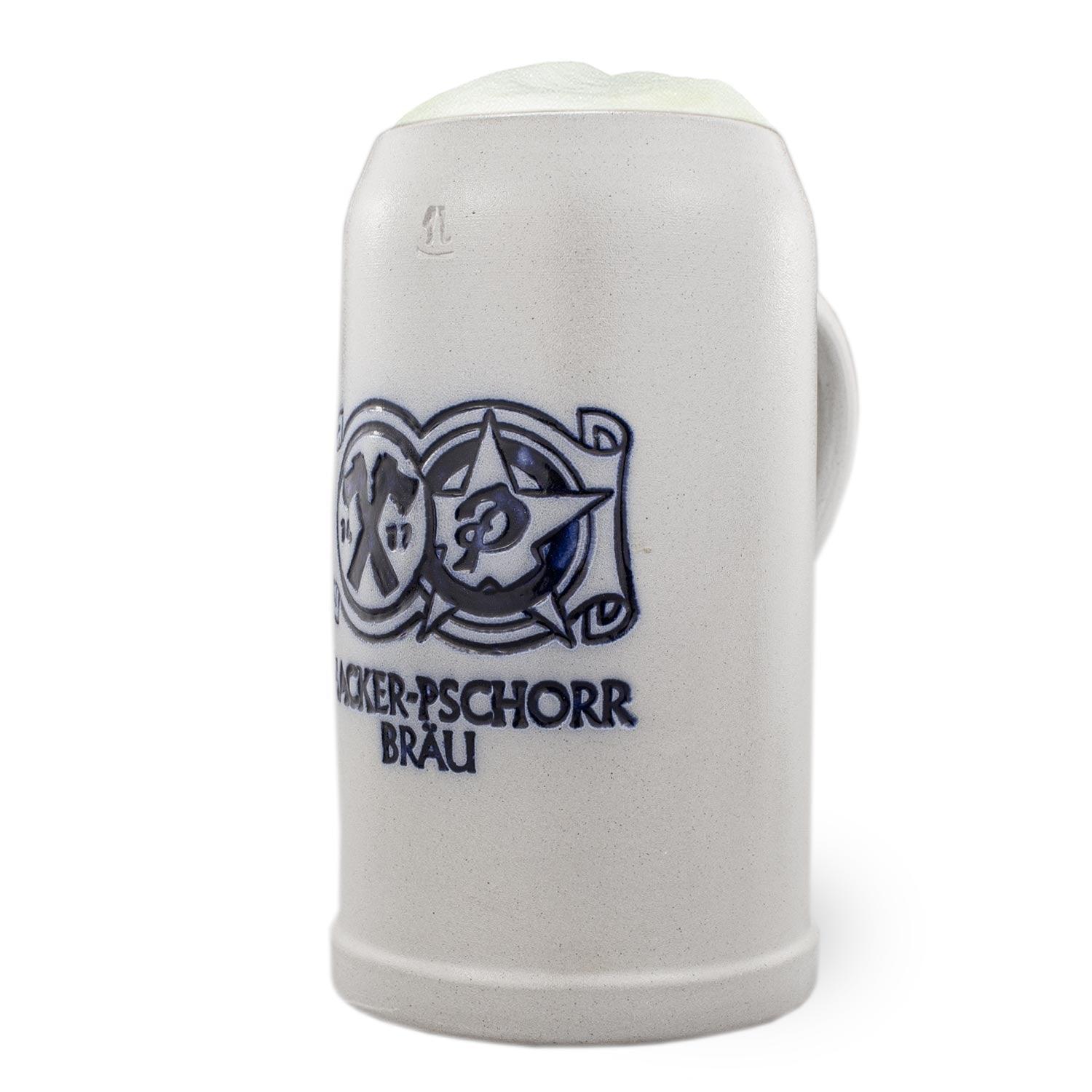 Grauer Steinkrug mit blauem, glasiertem Hacker-Pschorr Bräu Relief-Logo.