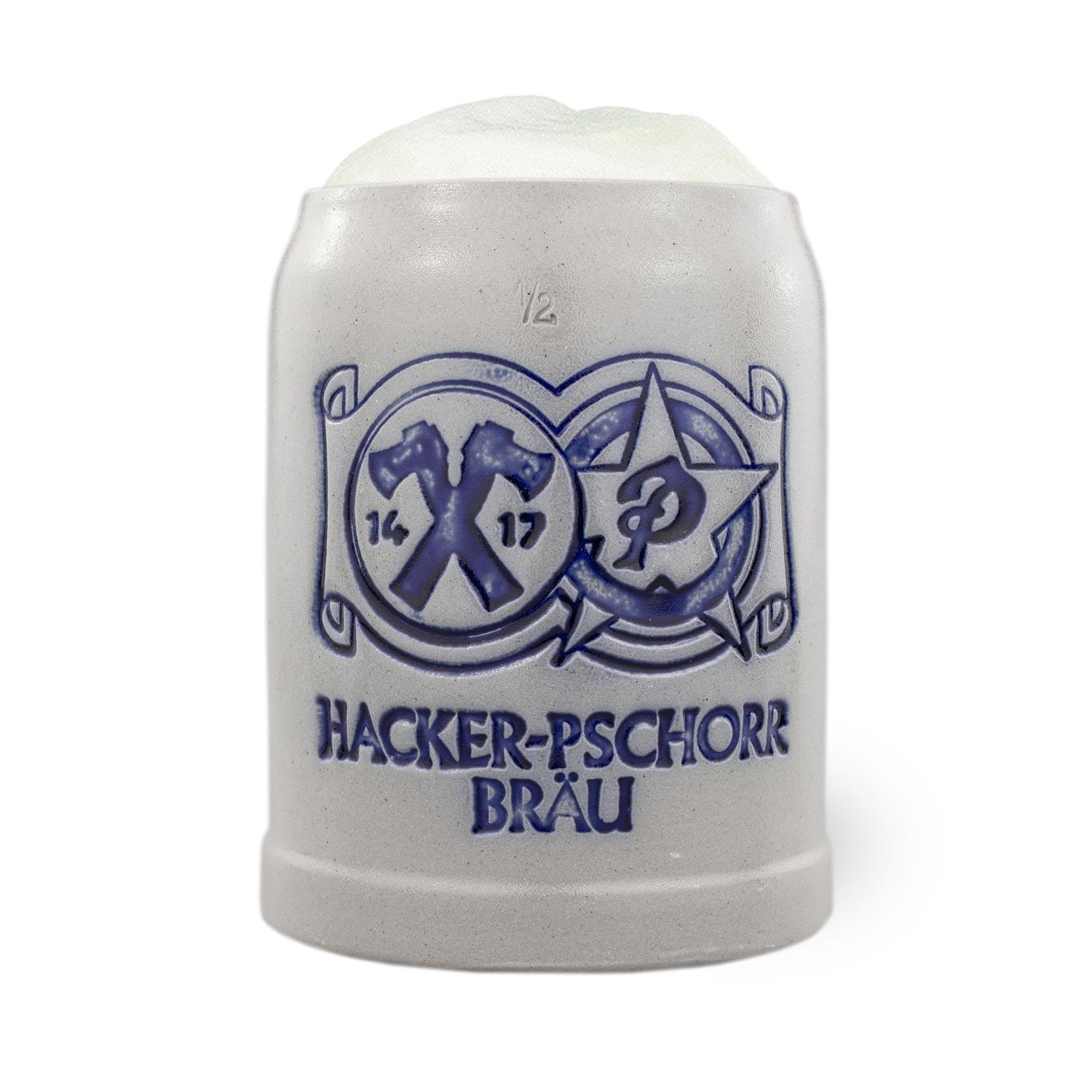 Grauer Keramik-Bierkrug mit blauem Hacker-Pschorr Brau Logo und Schaumkrone, 1/2 Liter Füllanzeige.