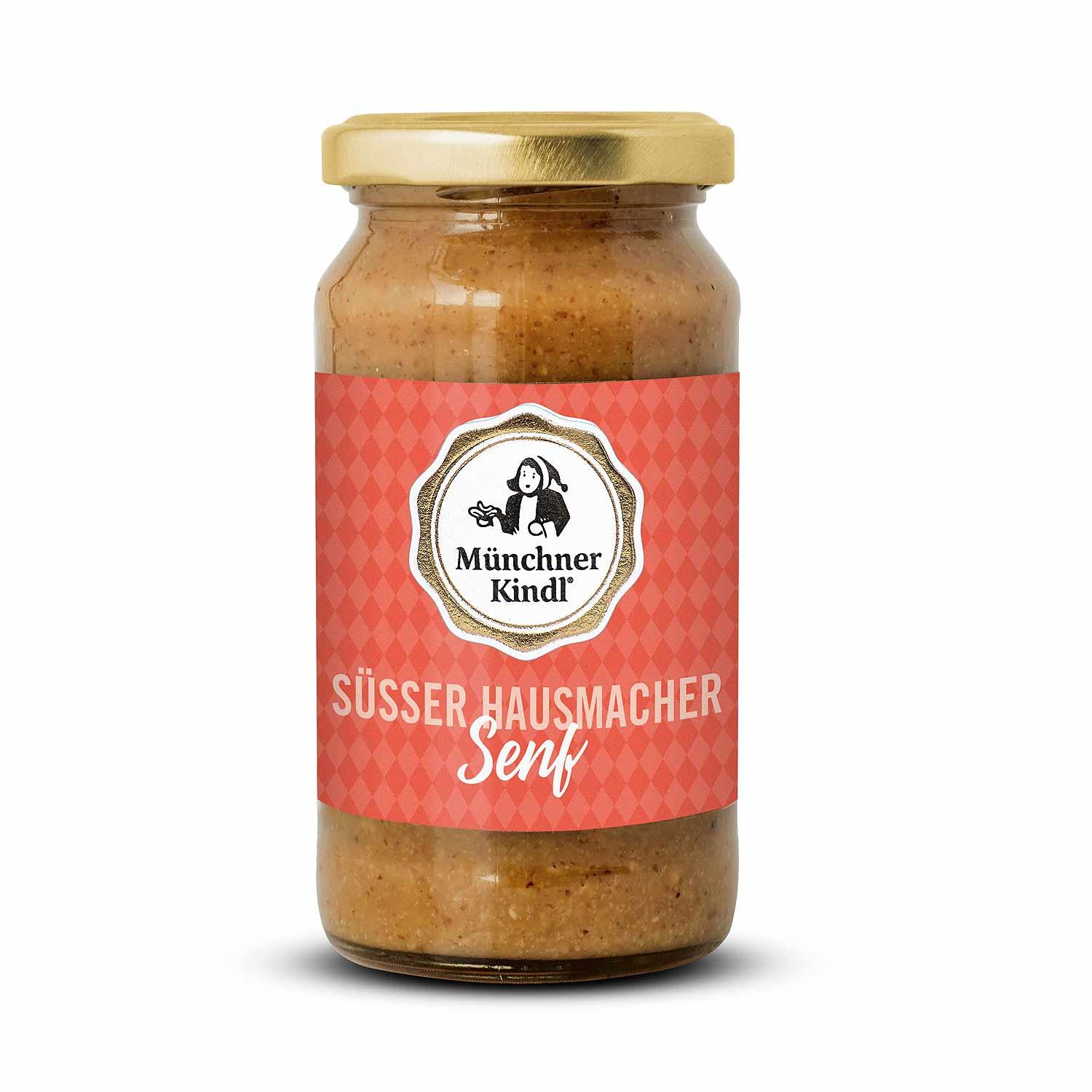 Glas Süßer Hausmacher Senf Münchner Kindl für Oktoberfest-Box Weißwurschtfrühstück mit Golddeckel und rotem Etikett