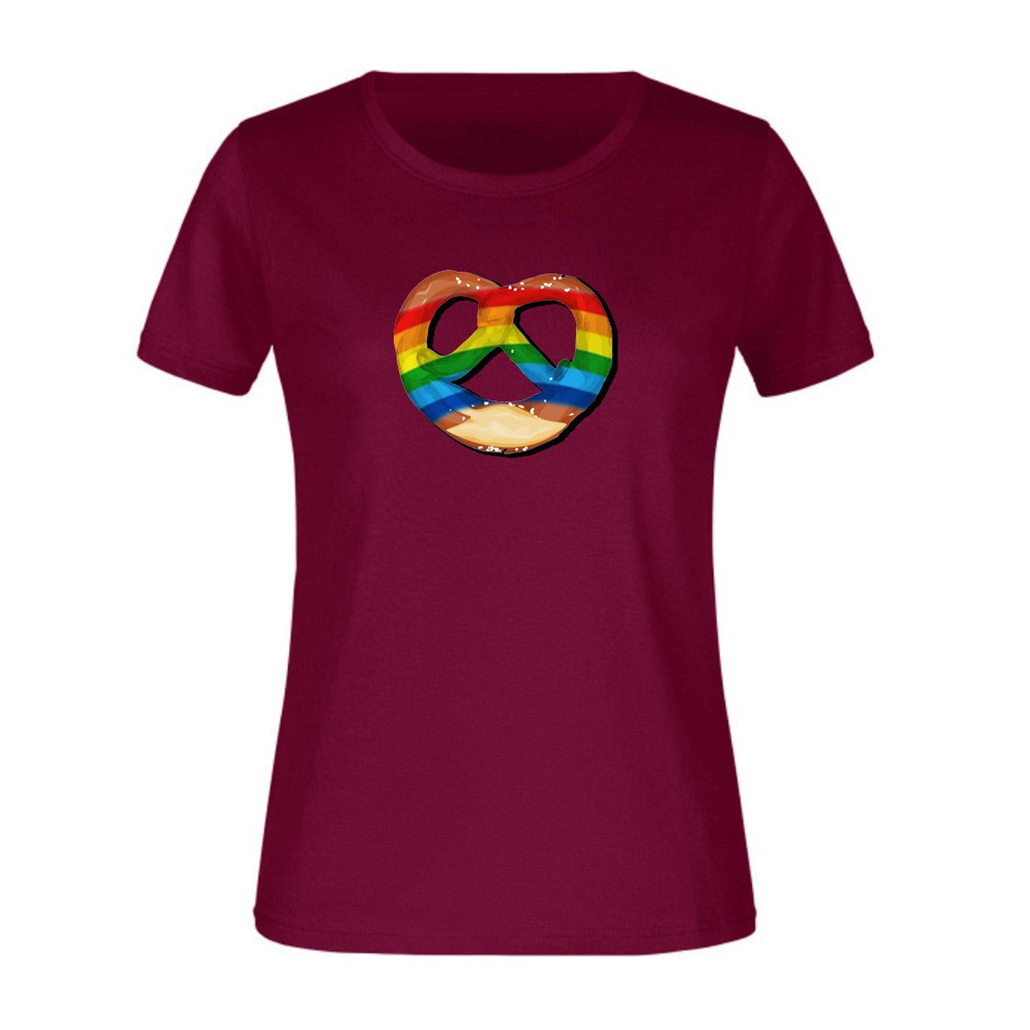Damen T-Shirt Regenbogen-Brezn in Dunkelrot mit farbenfrohem Brezel-Motiv für einen stylischen Look