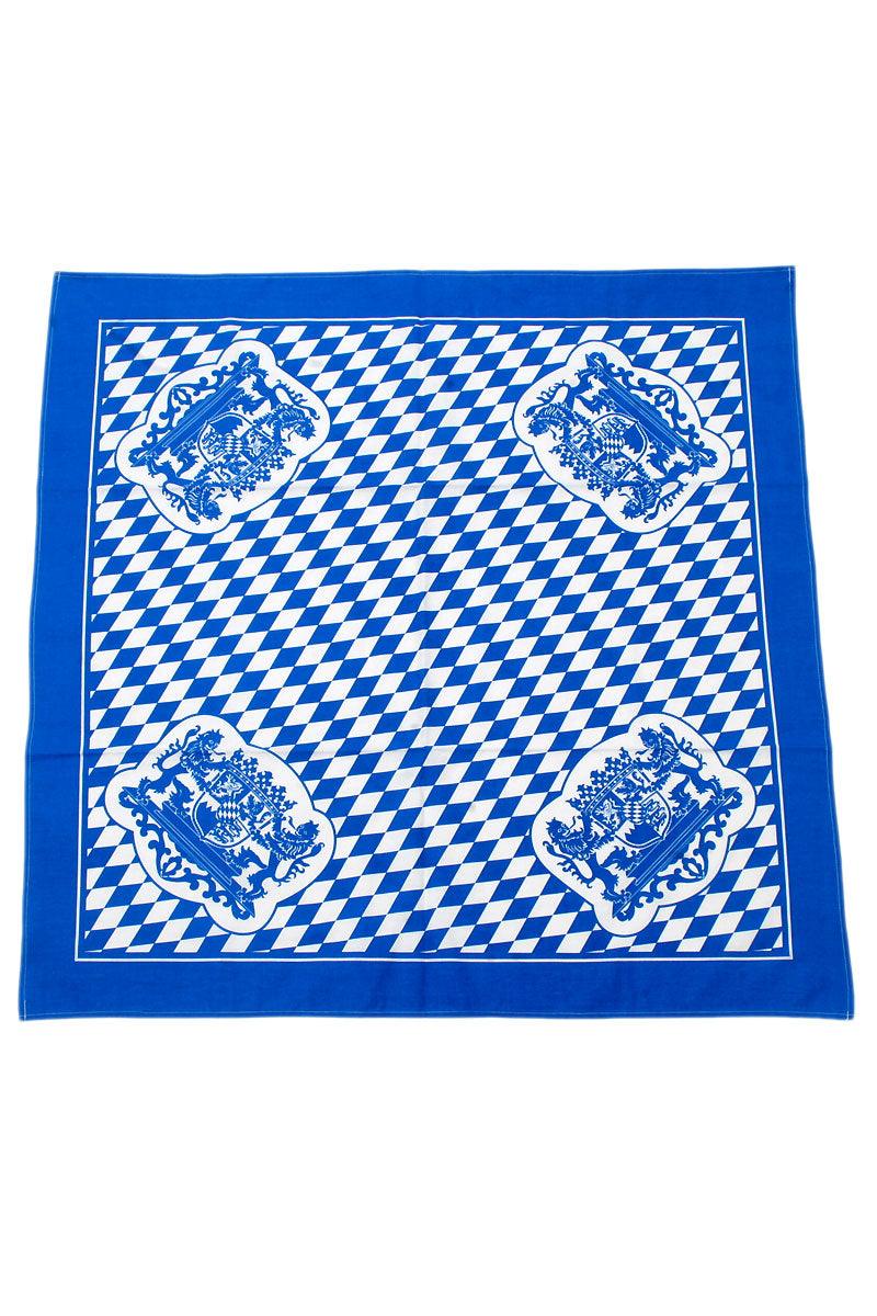 Blau-weißes Tuch mit bayerischem Rautenmuster und detailreichen Wappen in den Ecken, traditionell.