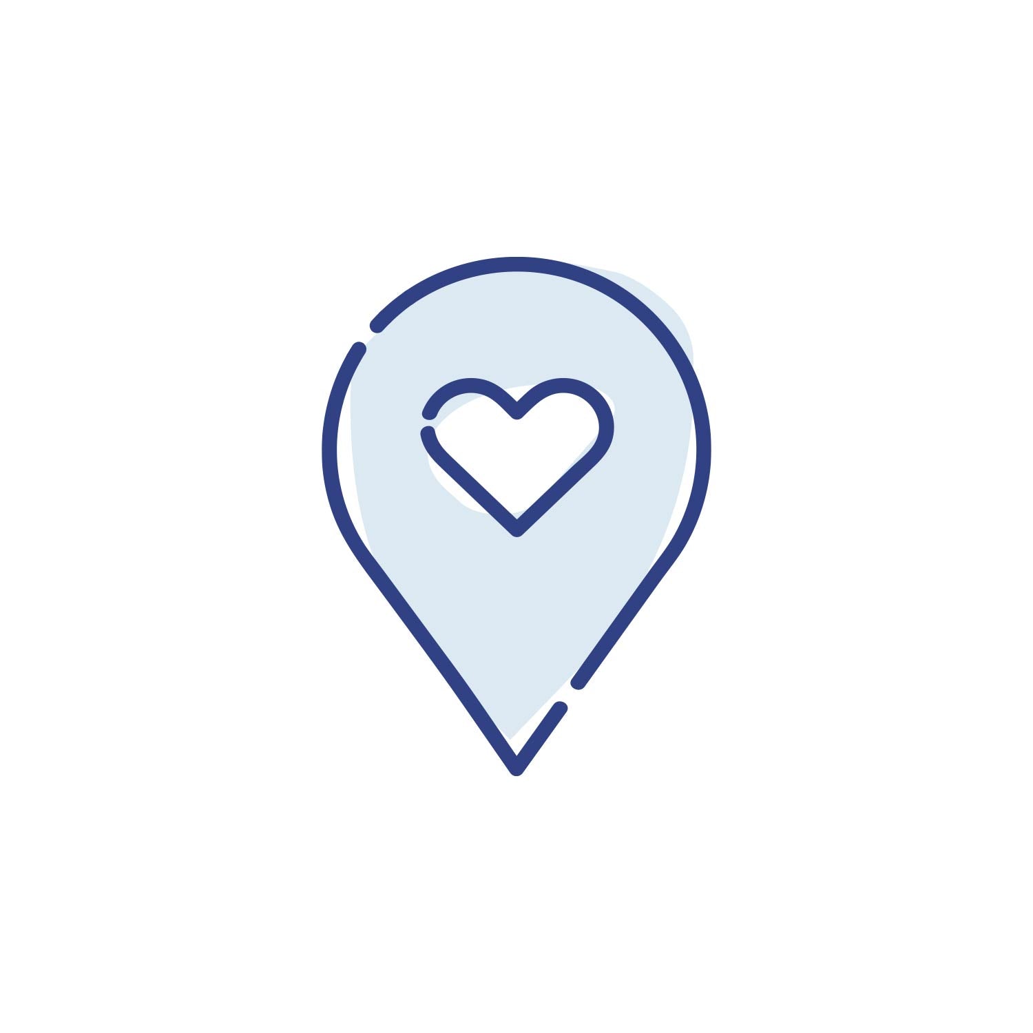 Standort-Pin-Symbol mit integriertem blau umrandeten Herz; Favoriten-Icon für Produkte oder Orte.