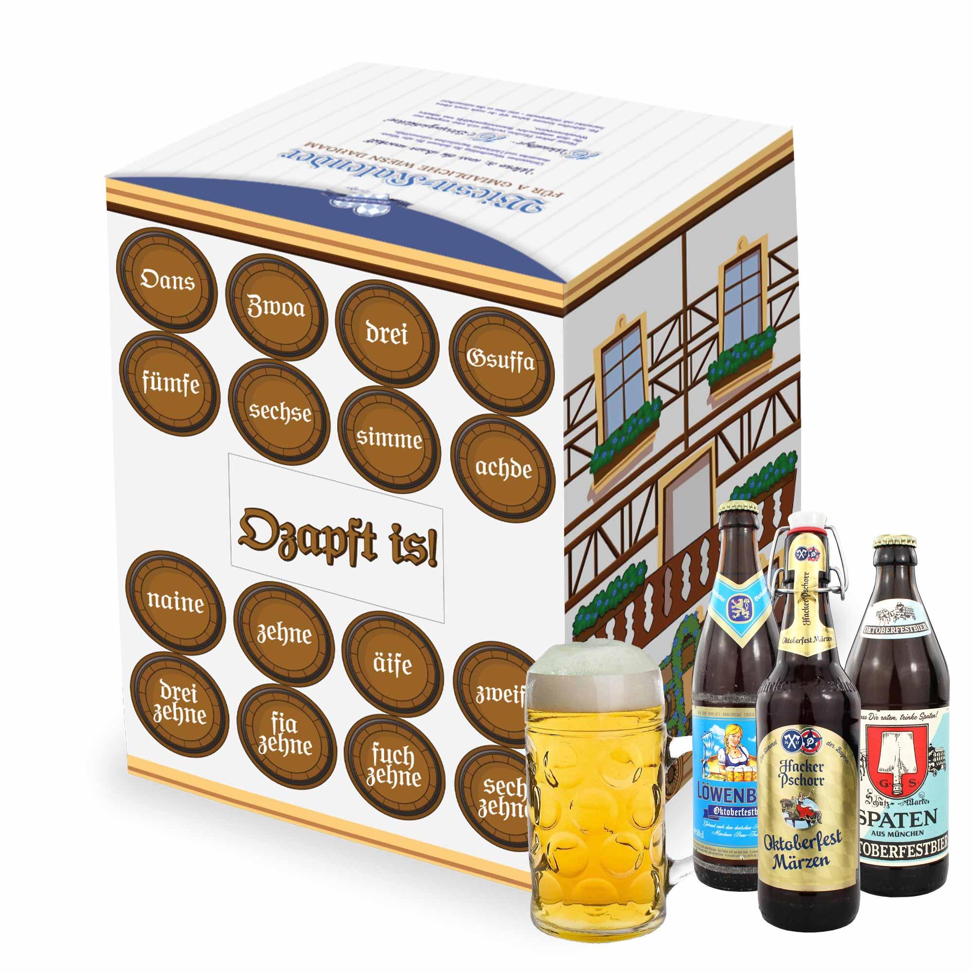 Wiesn Bier-Kalender Geschenkset mit bayerischem Hausmotiv, Maßkrug, Flaschen und Zahlen-Aufklebern für Oktoberfeststimmung.