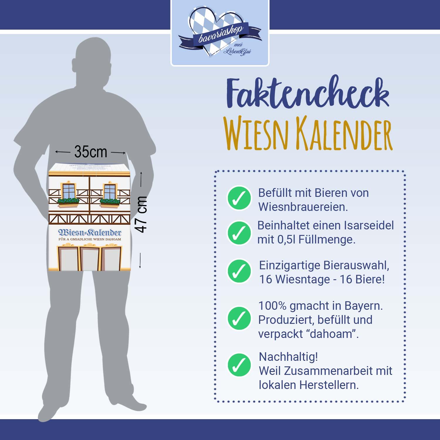 Wiesn Bier-Kalender Abmessungen und wichtige Fakten: 35x47 cm, gefüllt mit 16 Bieren von Wiesnbrauereien und Isarseidel.