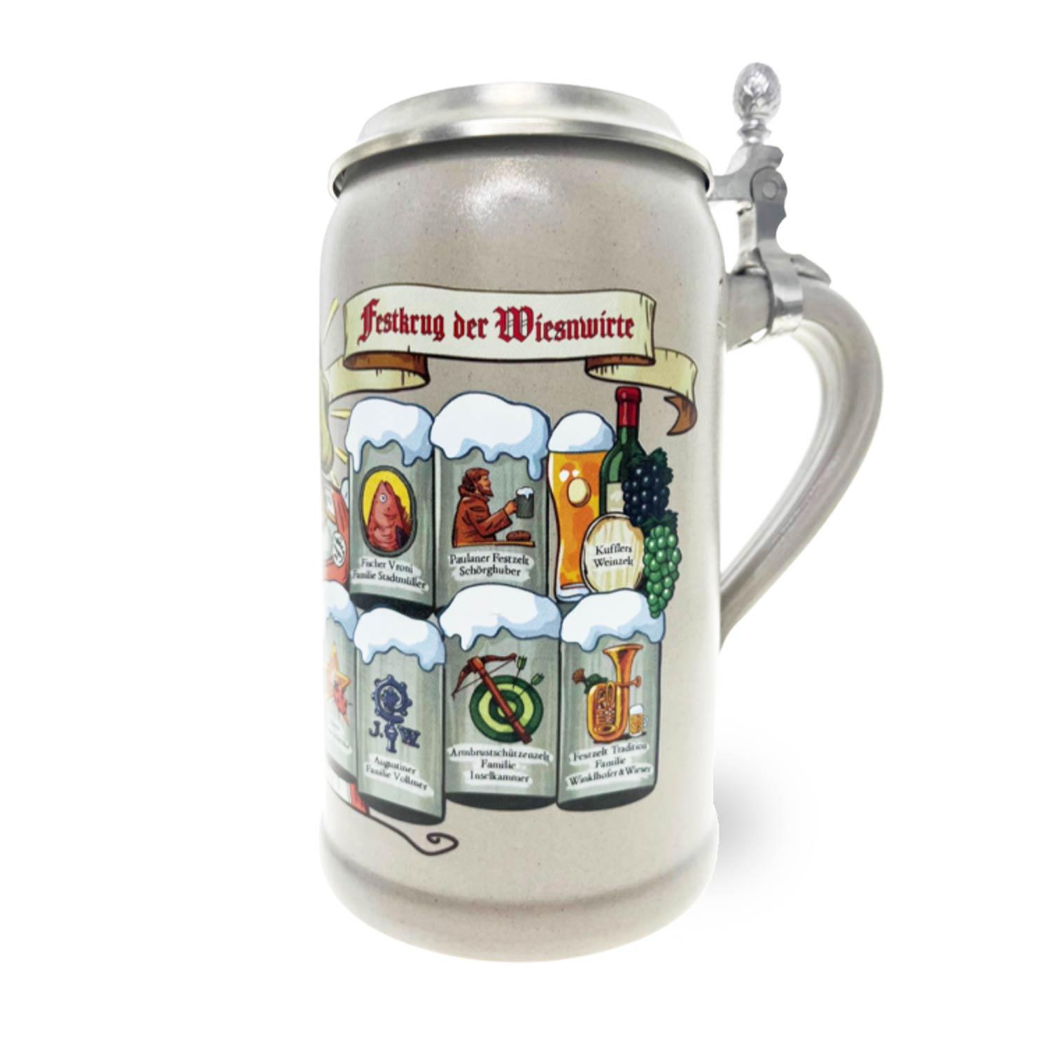 Wiesn Wirtekrug 2022 mit Zinndeckel und Festzelt-Motiven, detailreich bemaltes Steingut für Sammler.