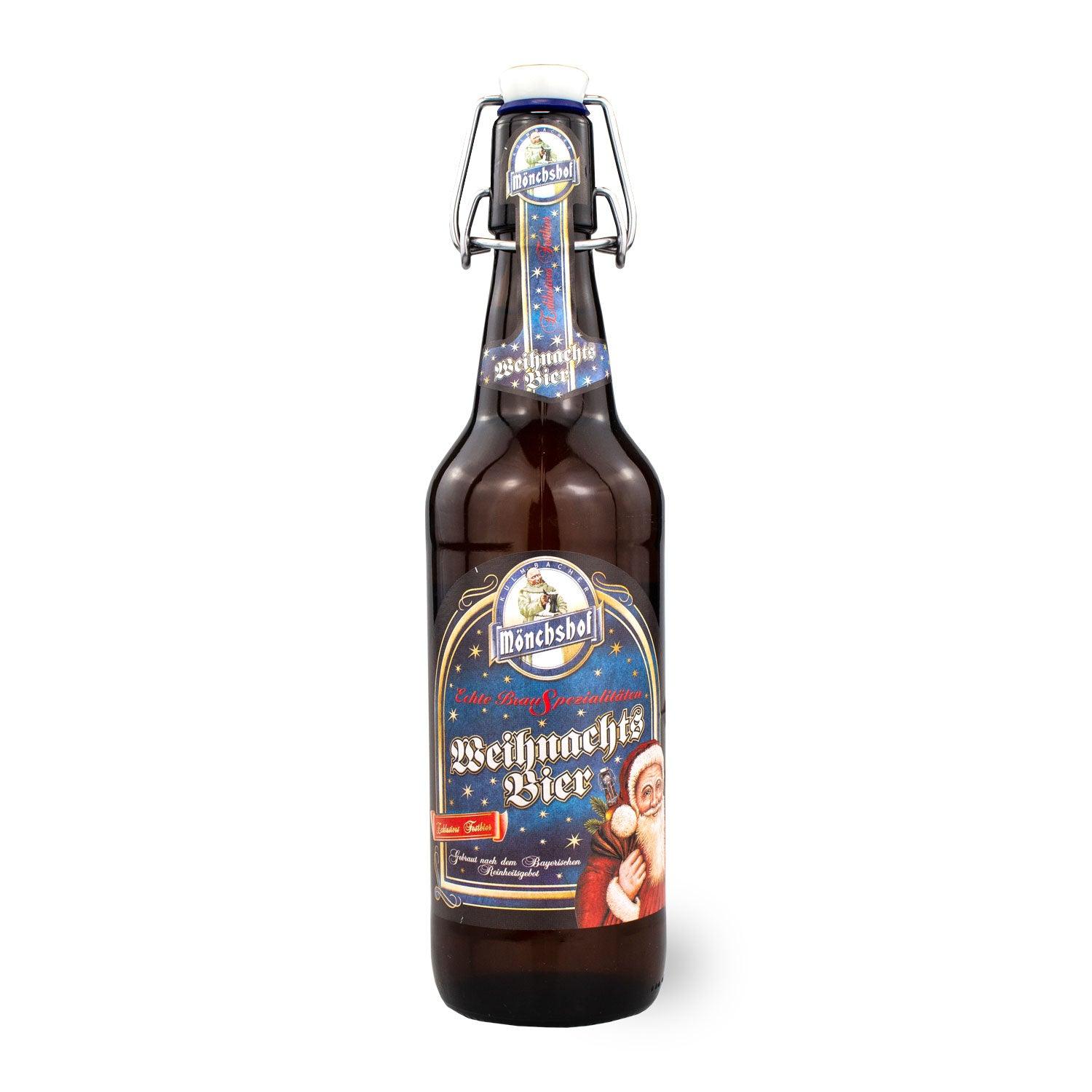 Mönchshof Weihnachtsbier Flasche mit festlichem Etikett und Santa Claus Motiv, Bügelverschluss aus blauem Porzellan.