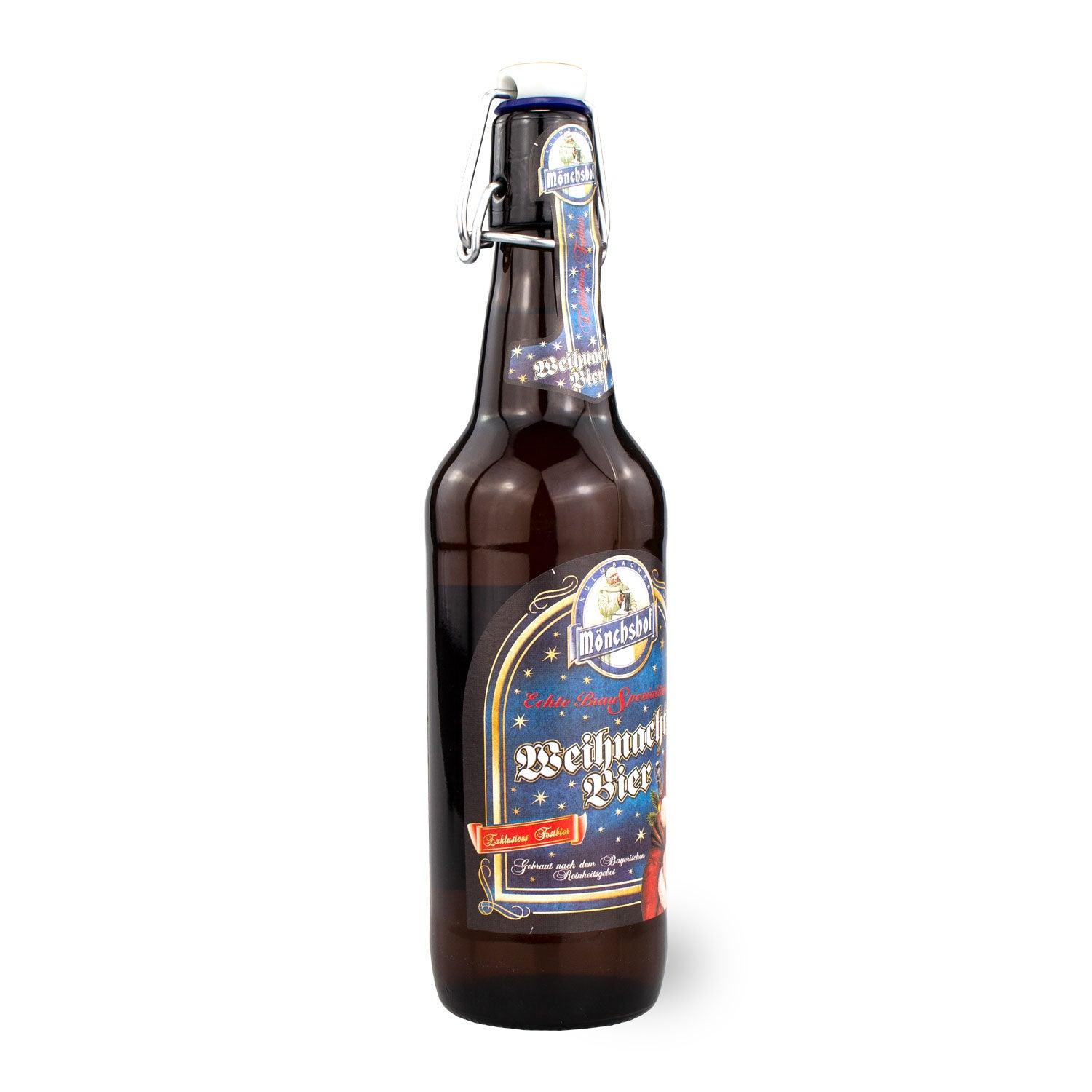 Mönchshof Weihnachtsbier in brauner Bügelverschlussflasche mit festlichem blauen Etikett und goldenen Sternen.